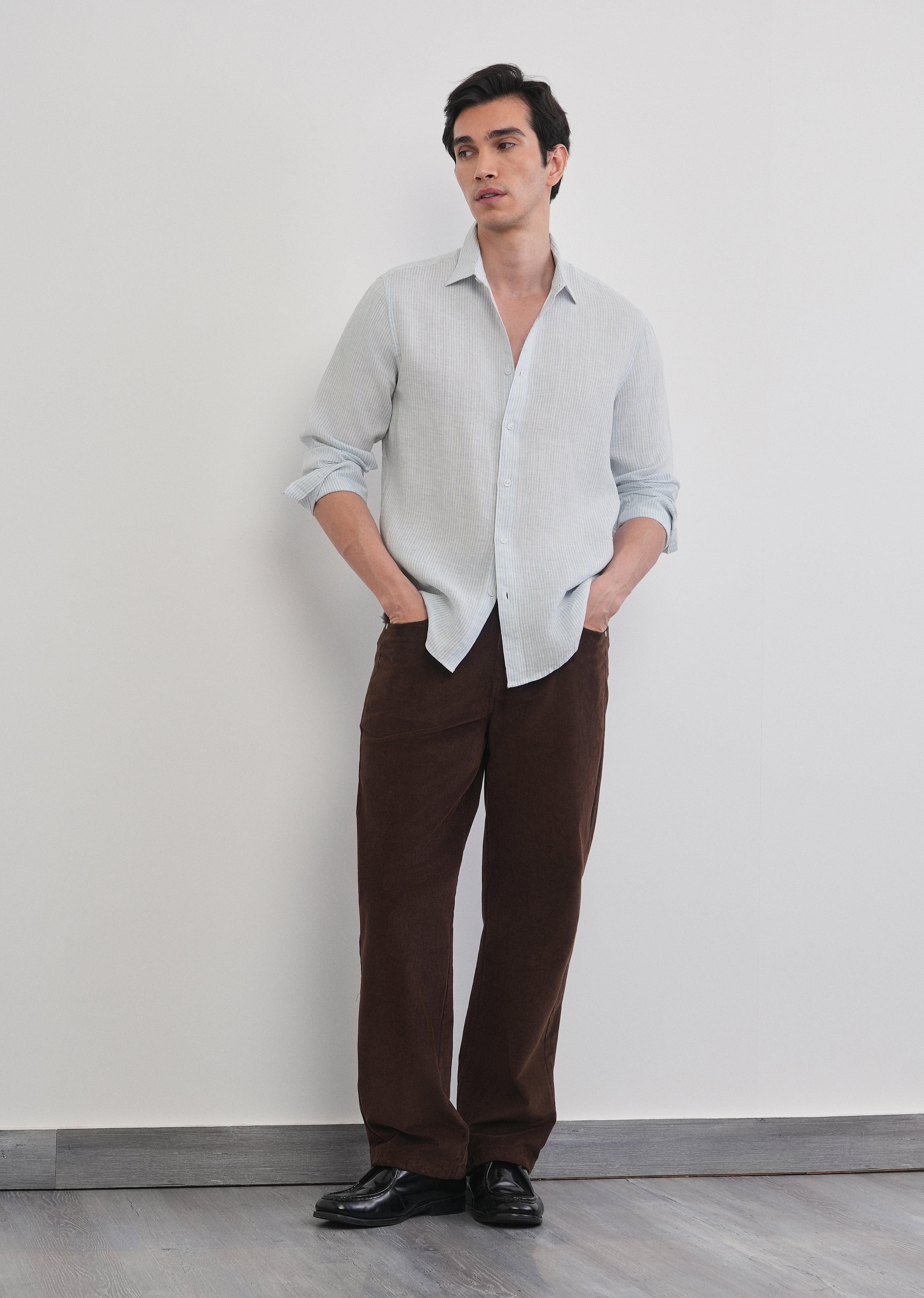 100% Linen Light Blue Self-Stripe Shirt