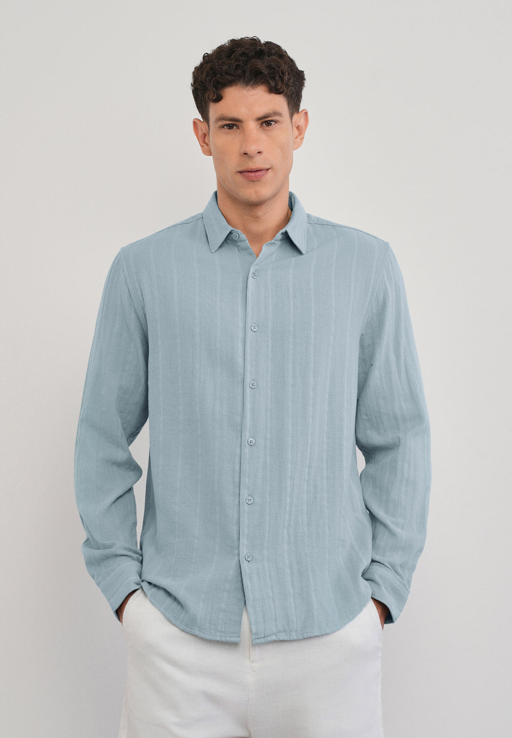 Light Blue Self Striped Cotton Shirt