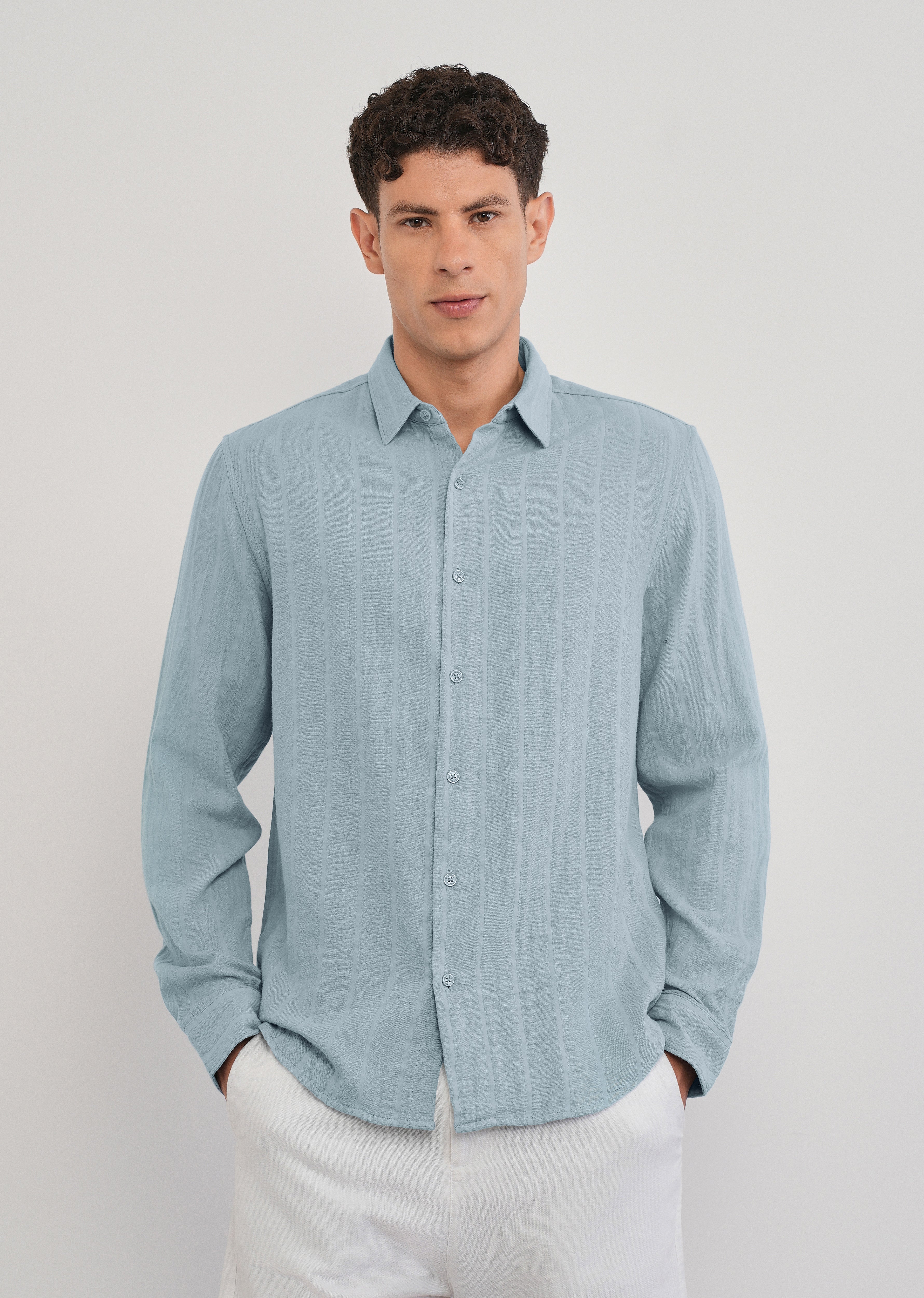 Light Blue Self Striped Cotton Shirt