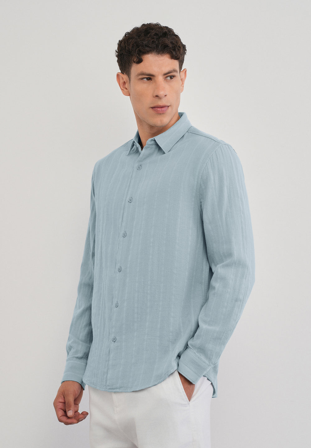 Light Blue Self Striped Cotton Shirt