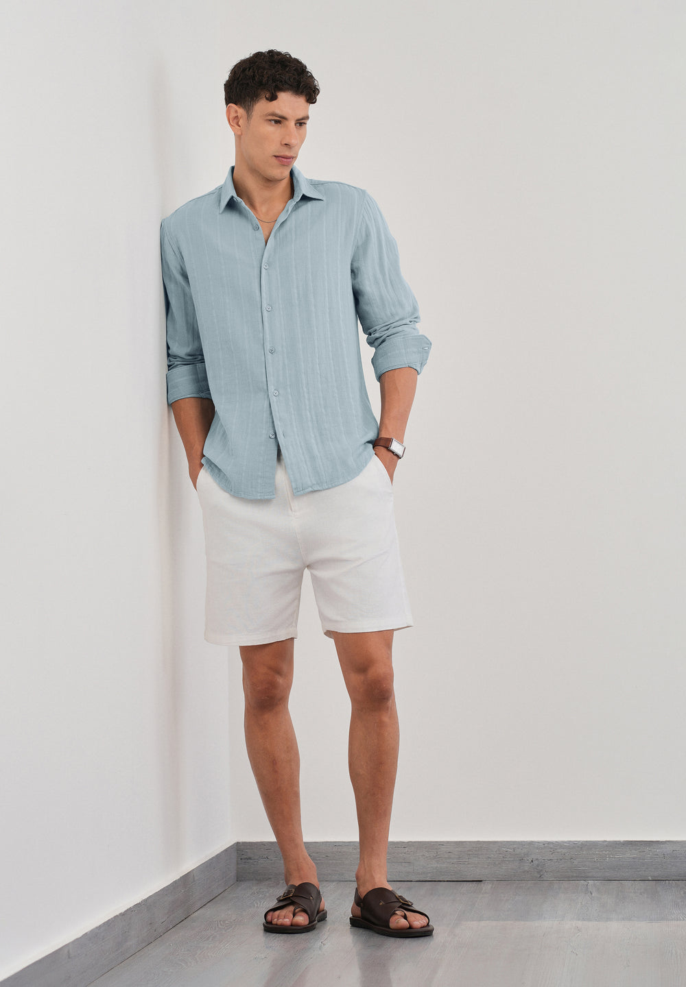 Light Blue Self Striped Cotton Shirt