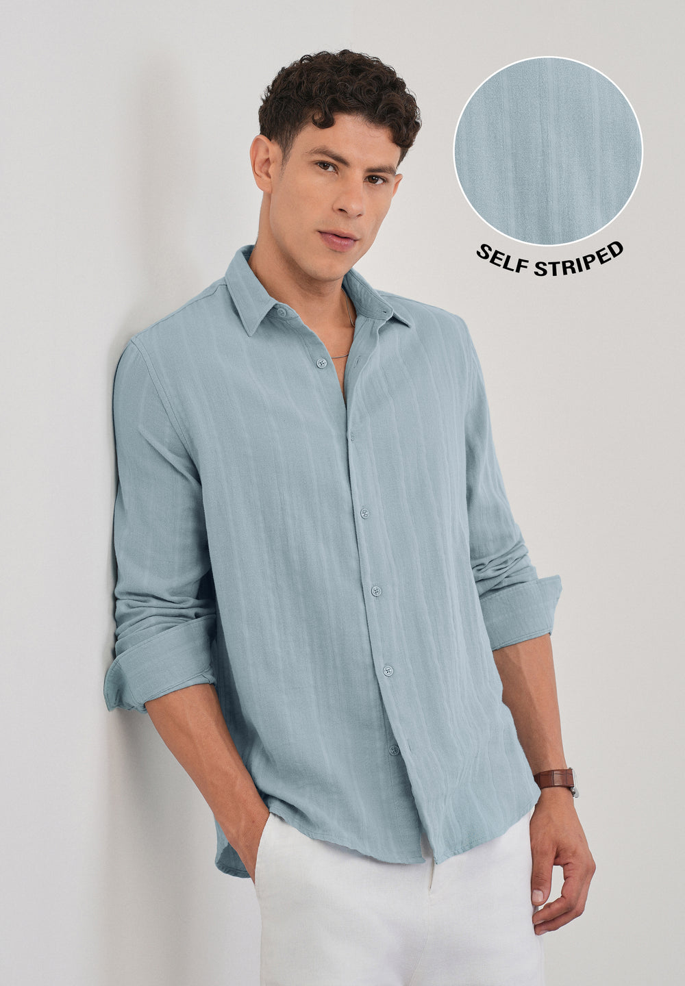 Light Blue Self Striped Cotton Shirt