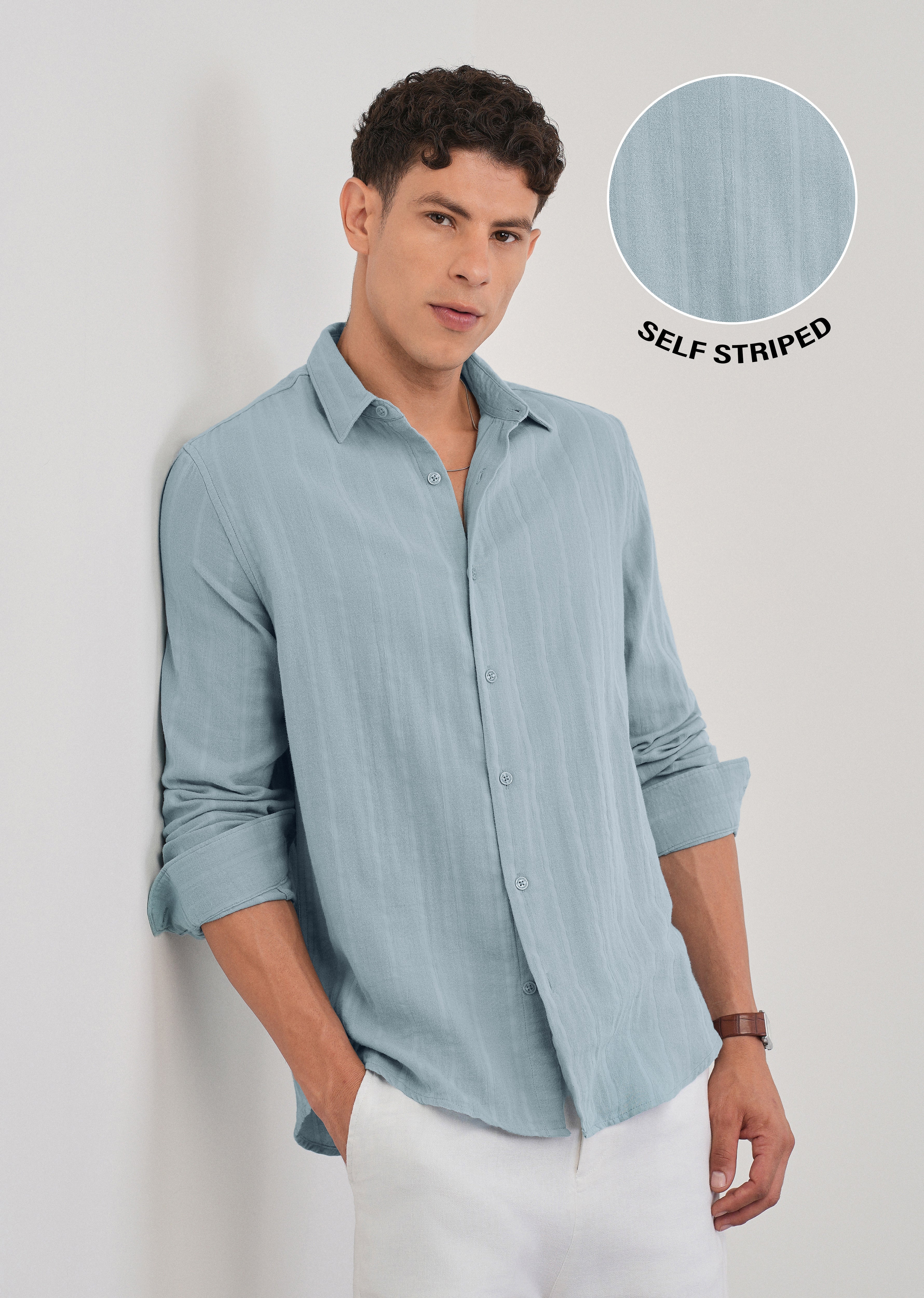 Light Blue Self Striped Cotton Shirt