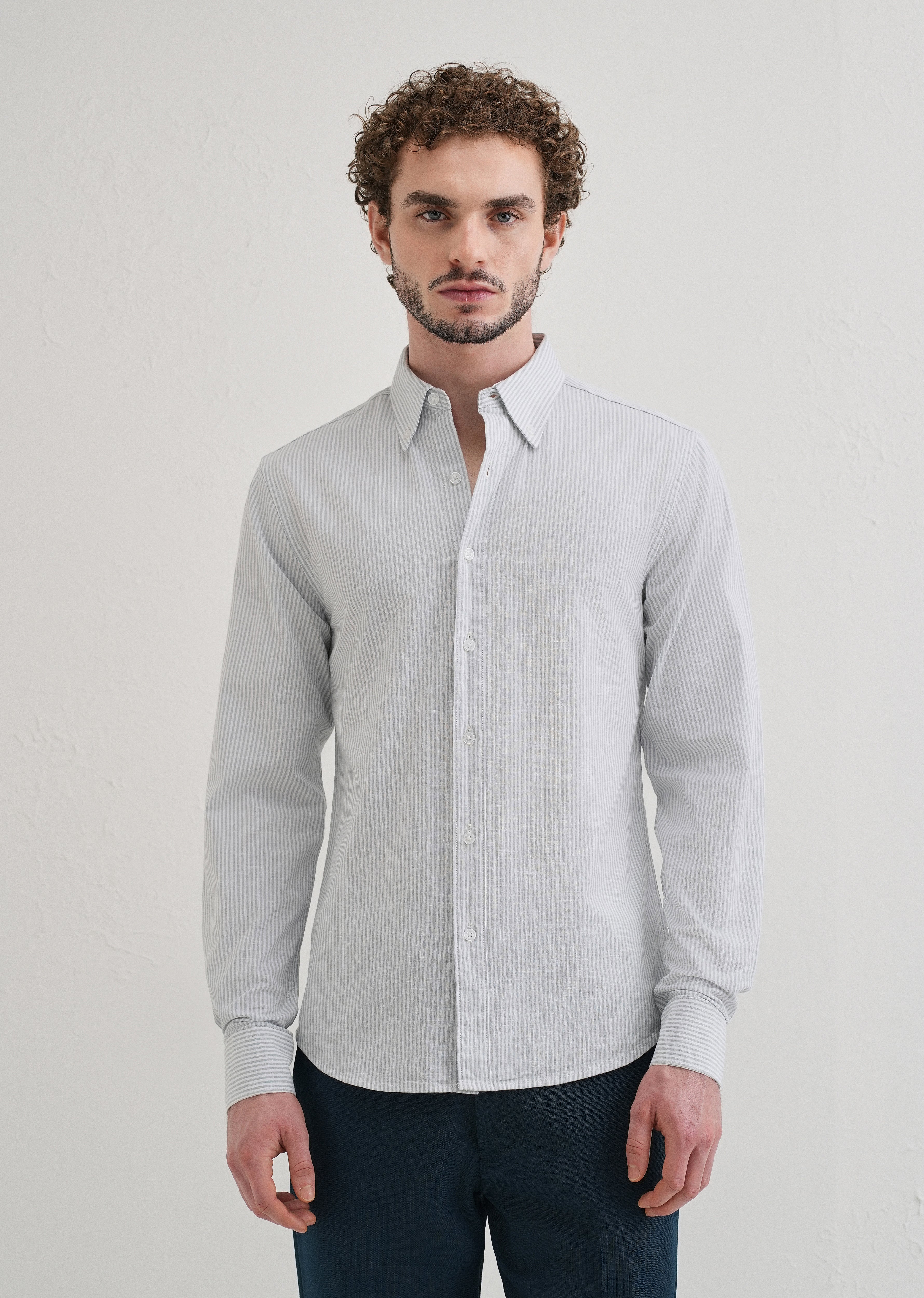 Light Blue Striped Cotton Linen Shirt