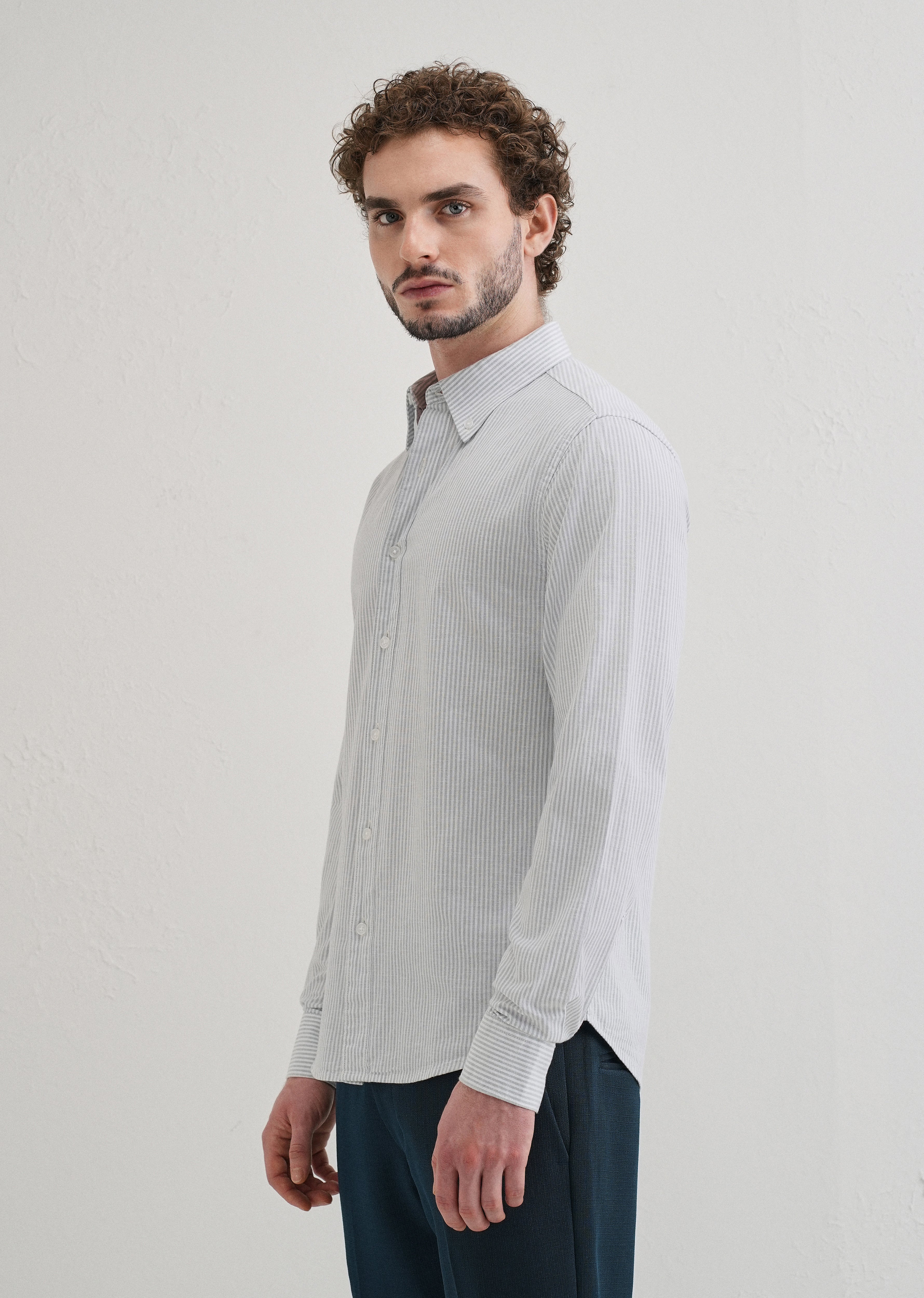 Light Blue Striped Cotton Linen Shirt
