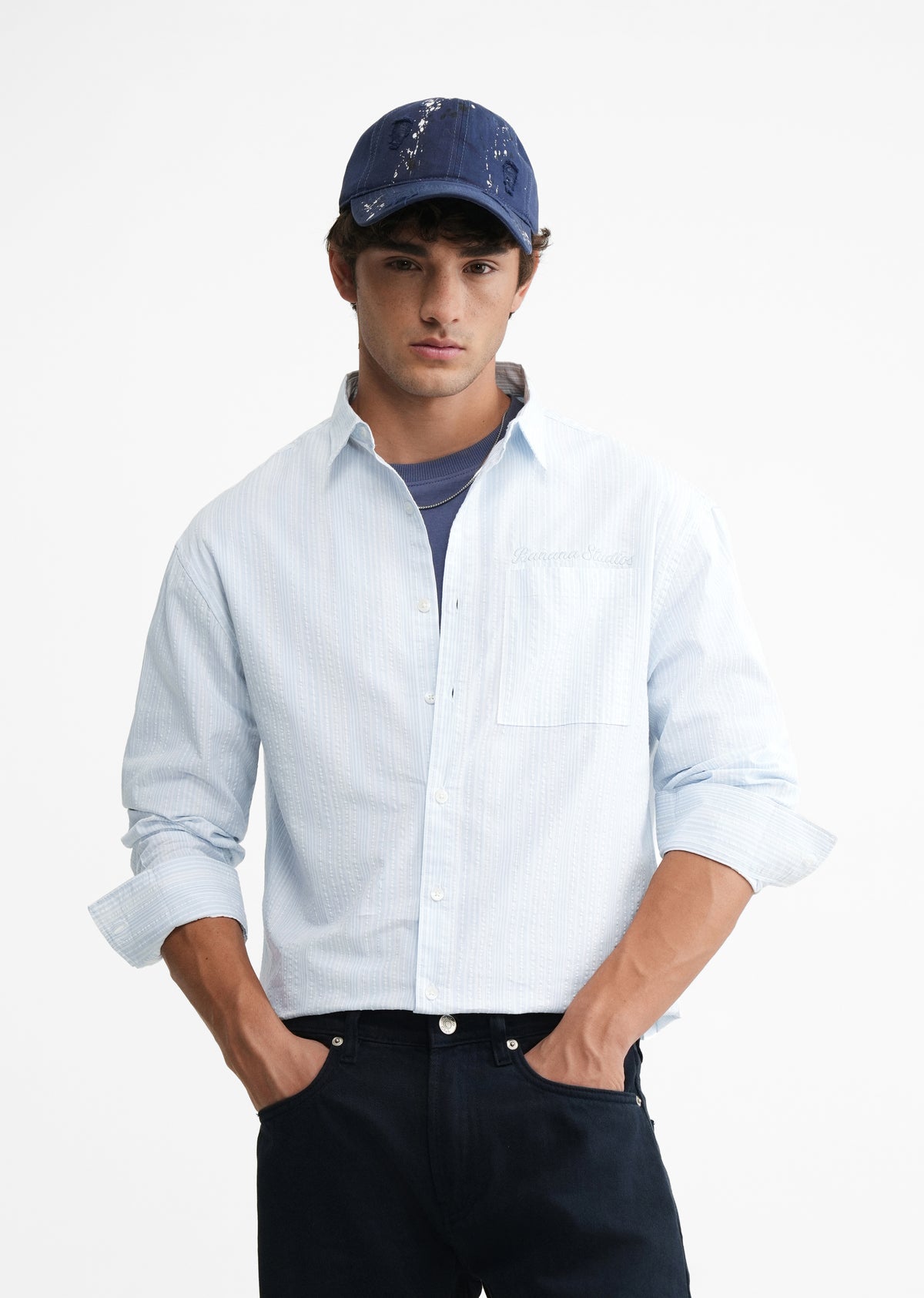 Light Blue Textured Striped Boxy Shirt