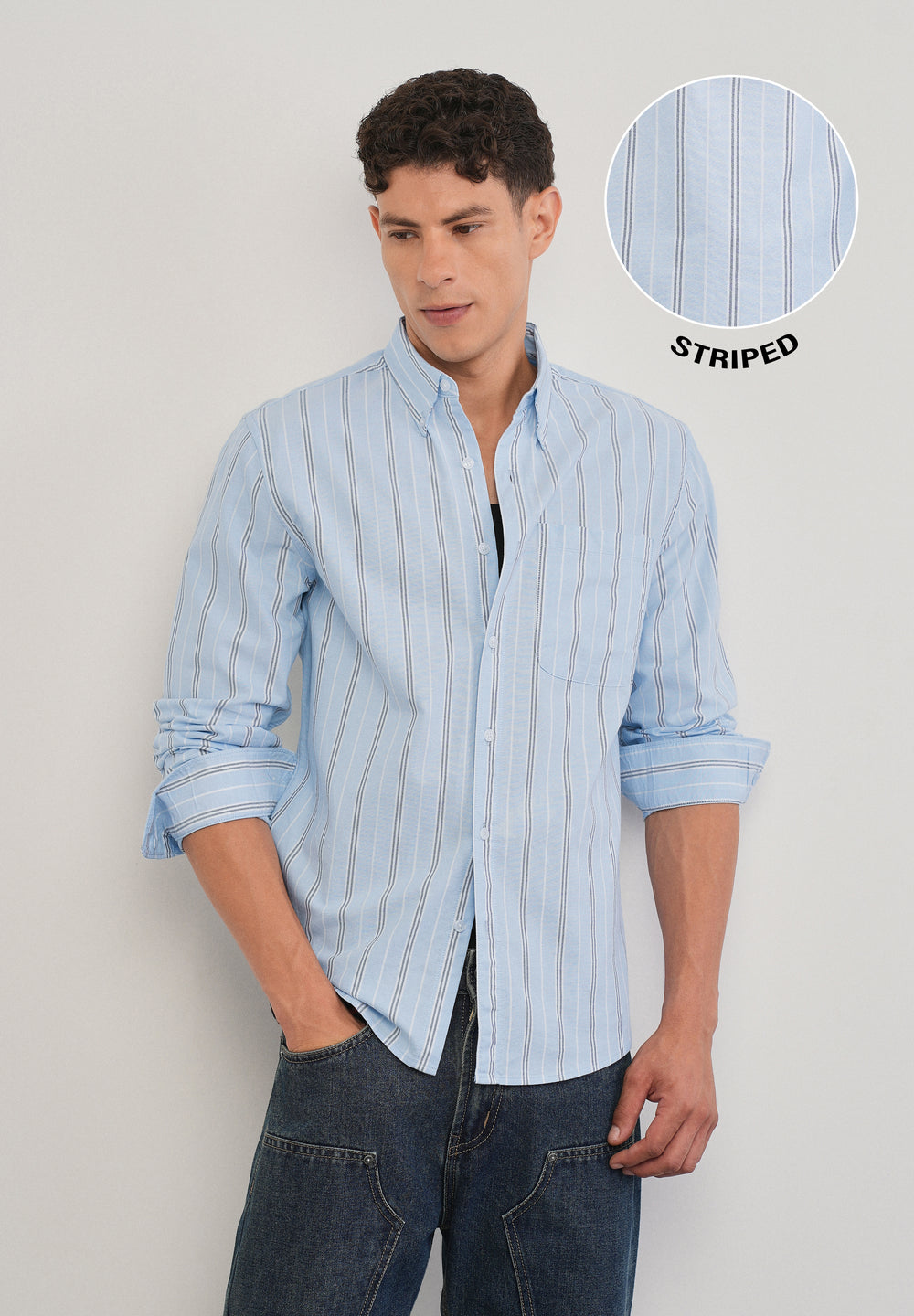 Light Blue Vertical Striped Cotton Shirt