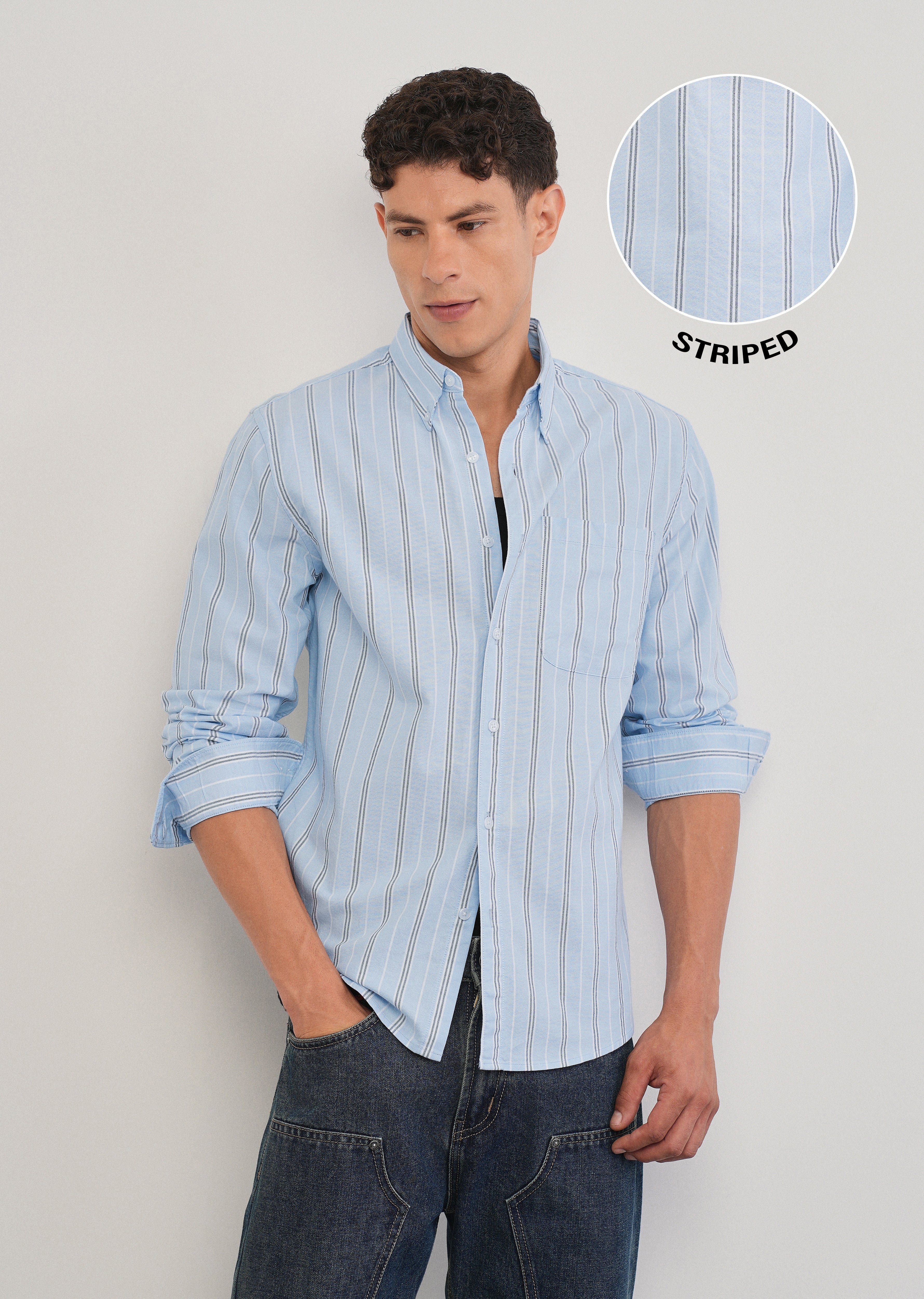 Light Blue Vertical Striped Cotton Shirt