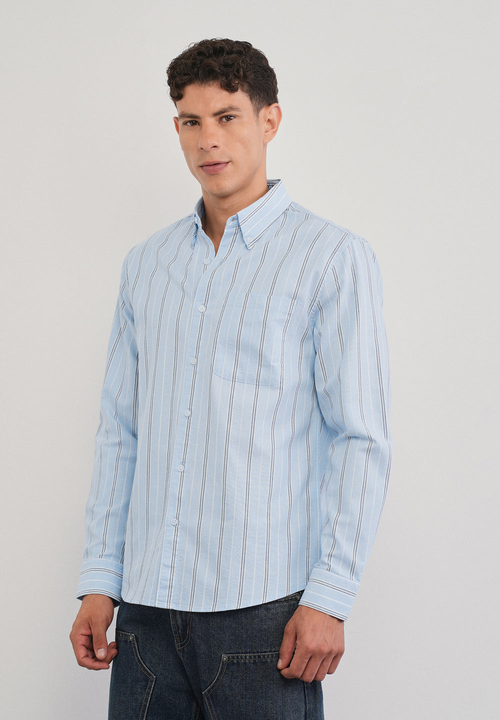 Light Blue Vertical Striped Cotton Shirt
