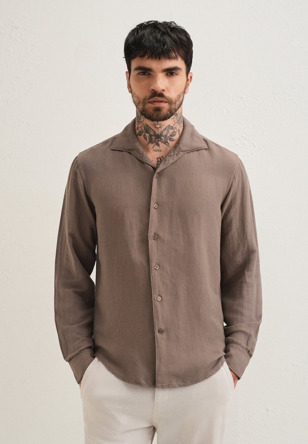 Light Brown Plain Linen Viscose Shirt