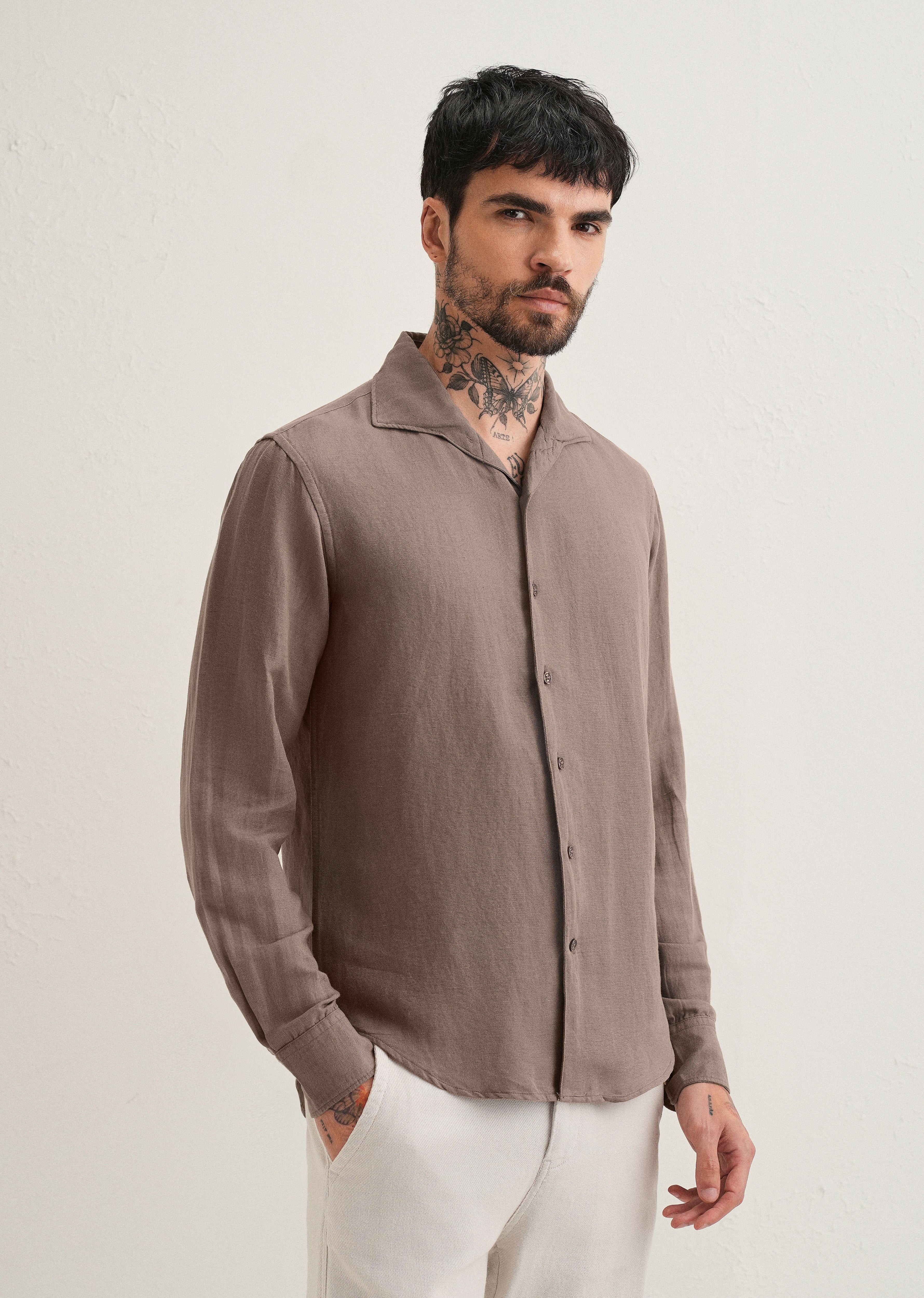 Light Brown Plain Linen Viscose Shirt