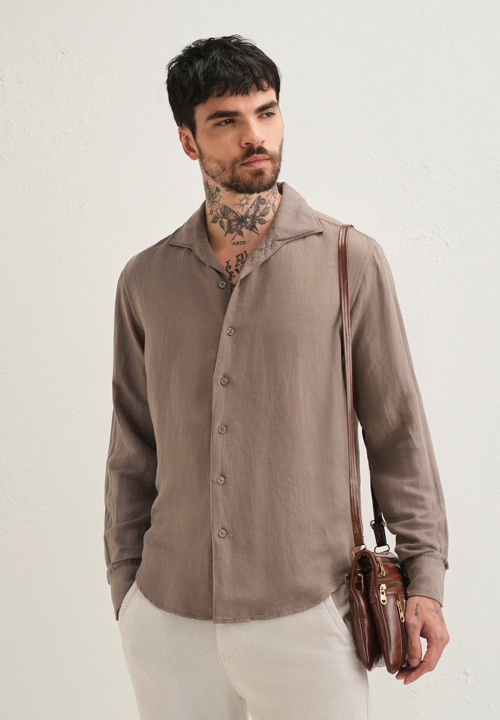 Light Brown Plain Linen Viscose Shirt