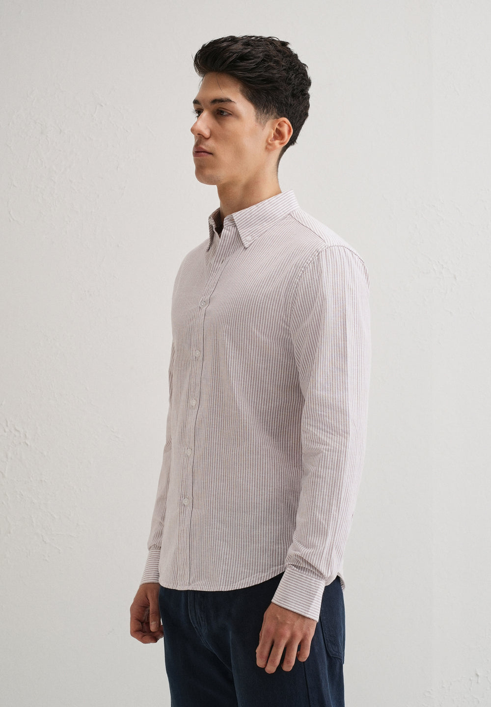Light Brown Striped Cotton Linen Shirt