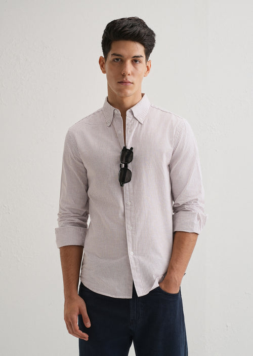 Light Brown Striped Cotton Linen Shirt