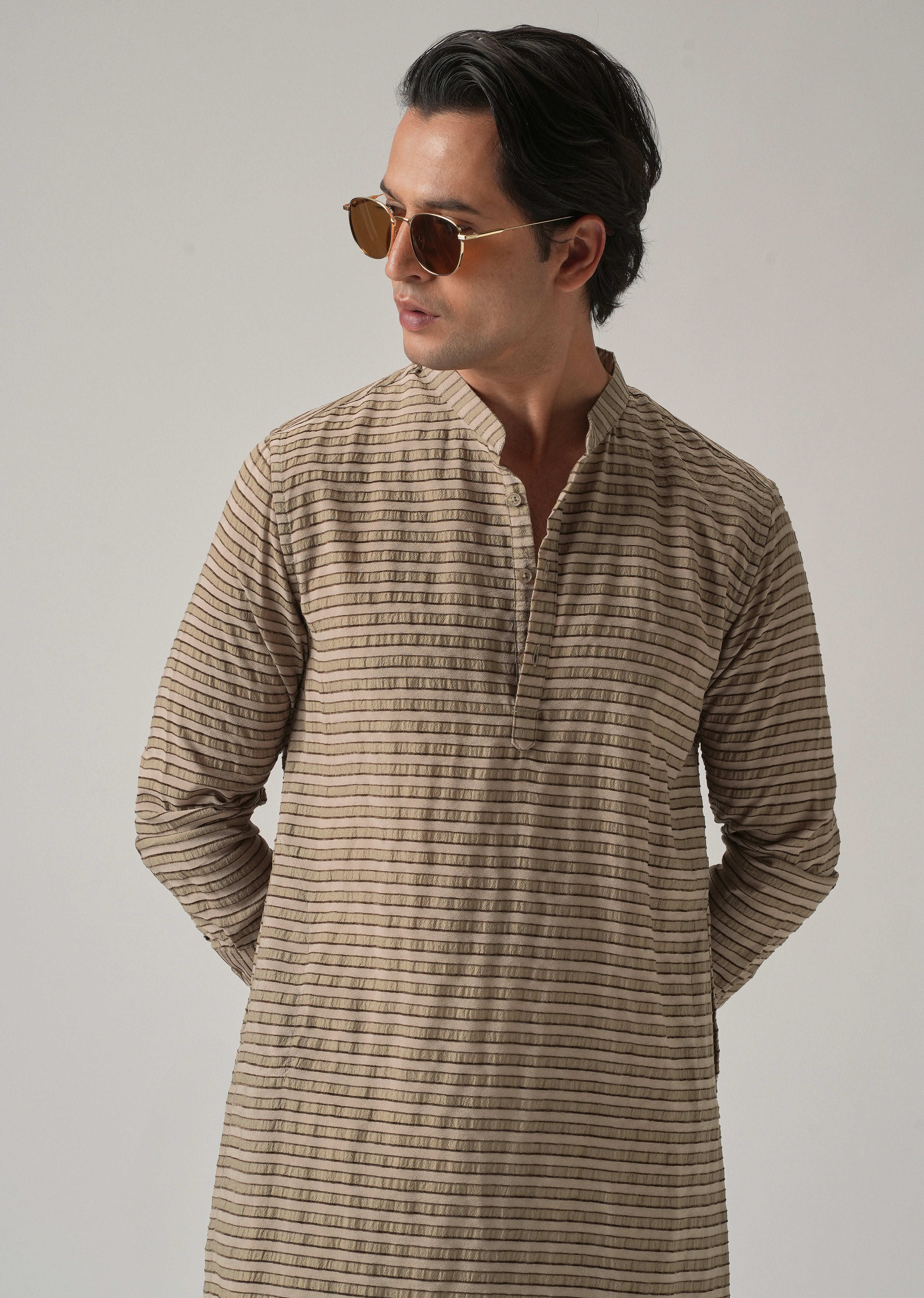 Brown Nylon Pin Stripe Kurta