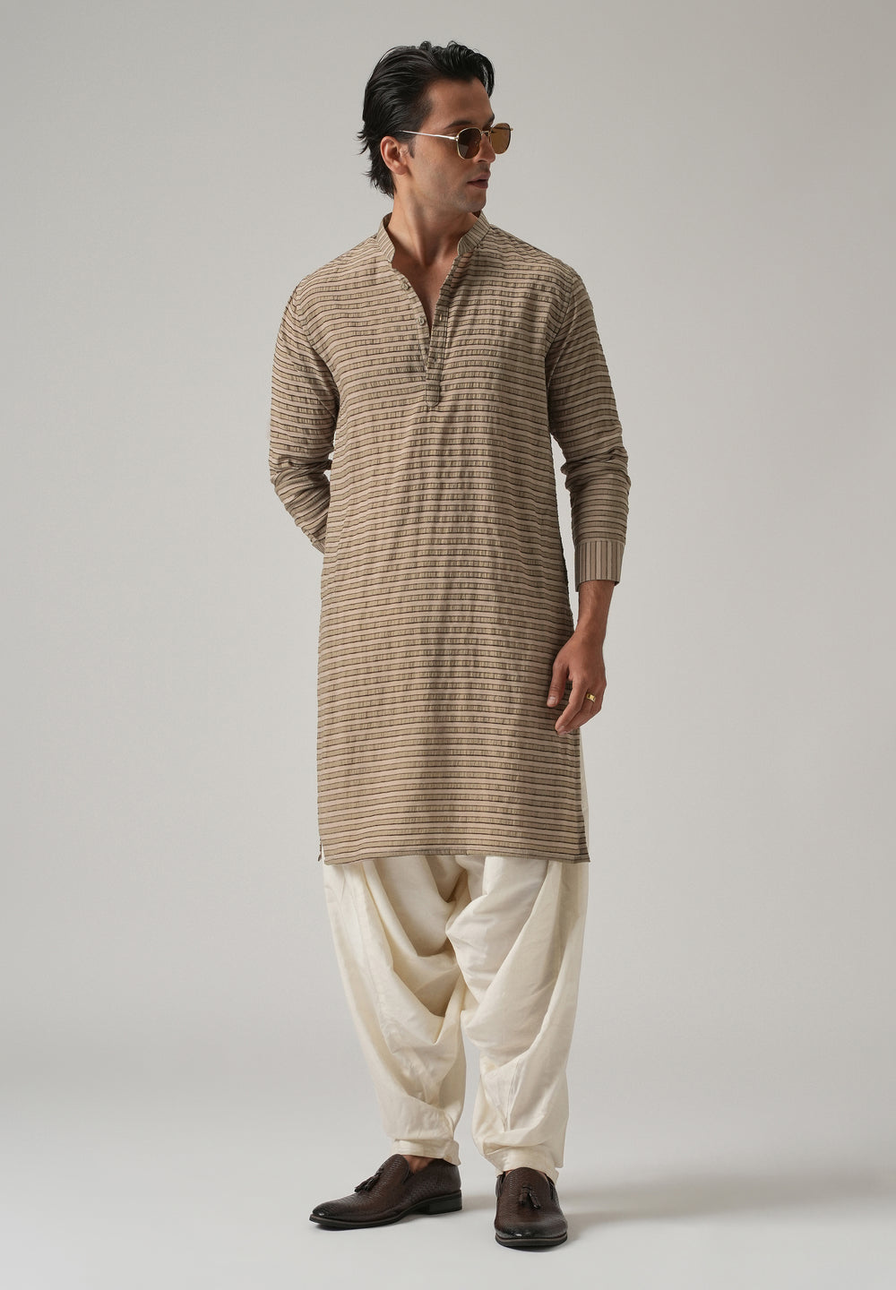 Brown Nylon Pin Stripe Kurta