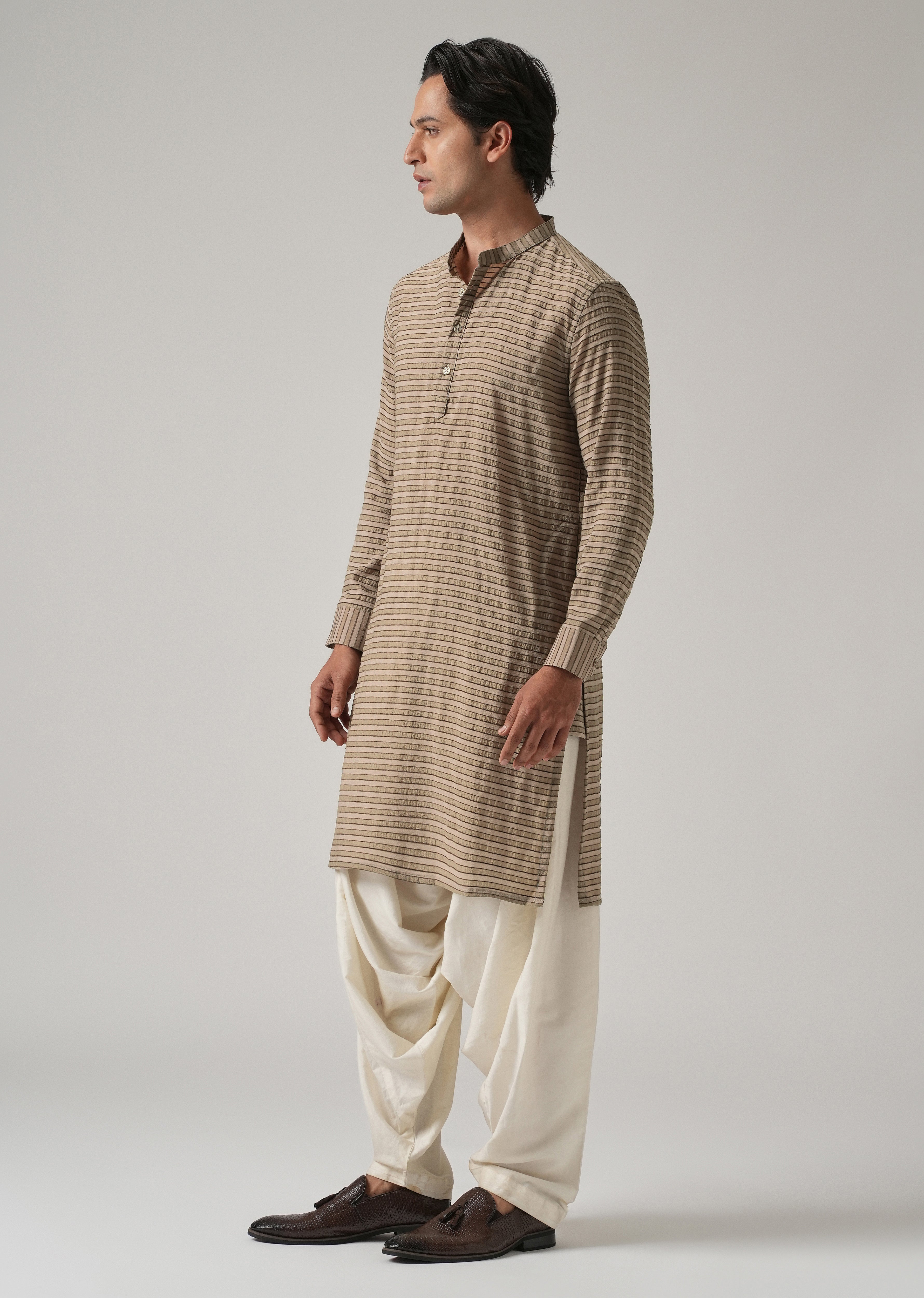 Brown Nylon Pin Stripe Kurta