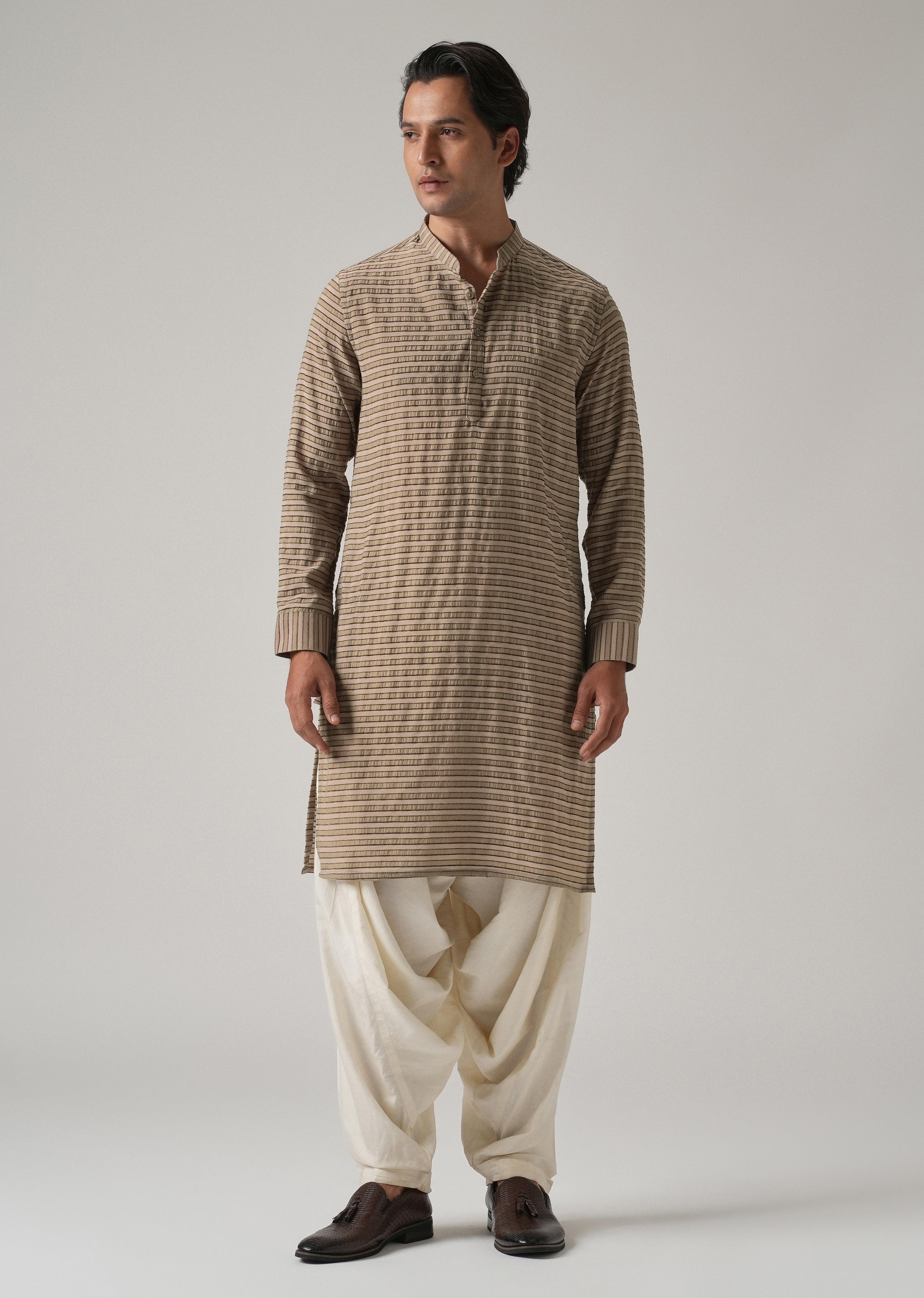 Brown Nylon Pin Stripe Kurta