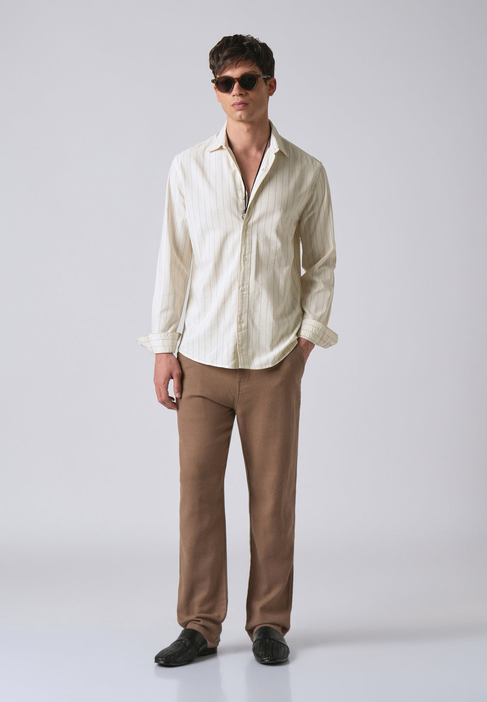Light Cream Collar Embroidery Stripe Shirt