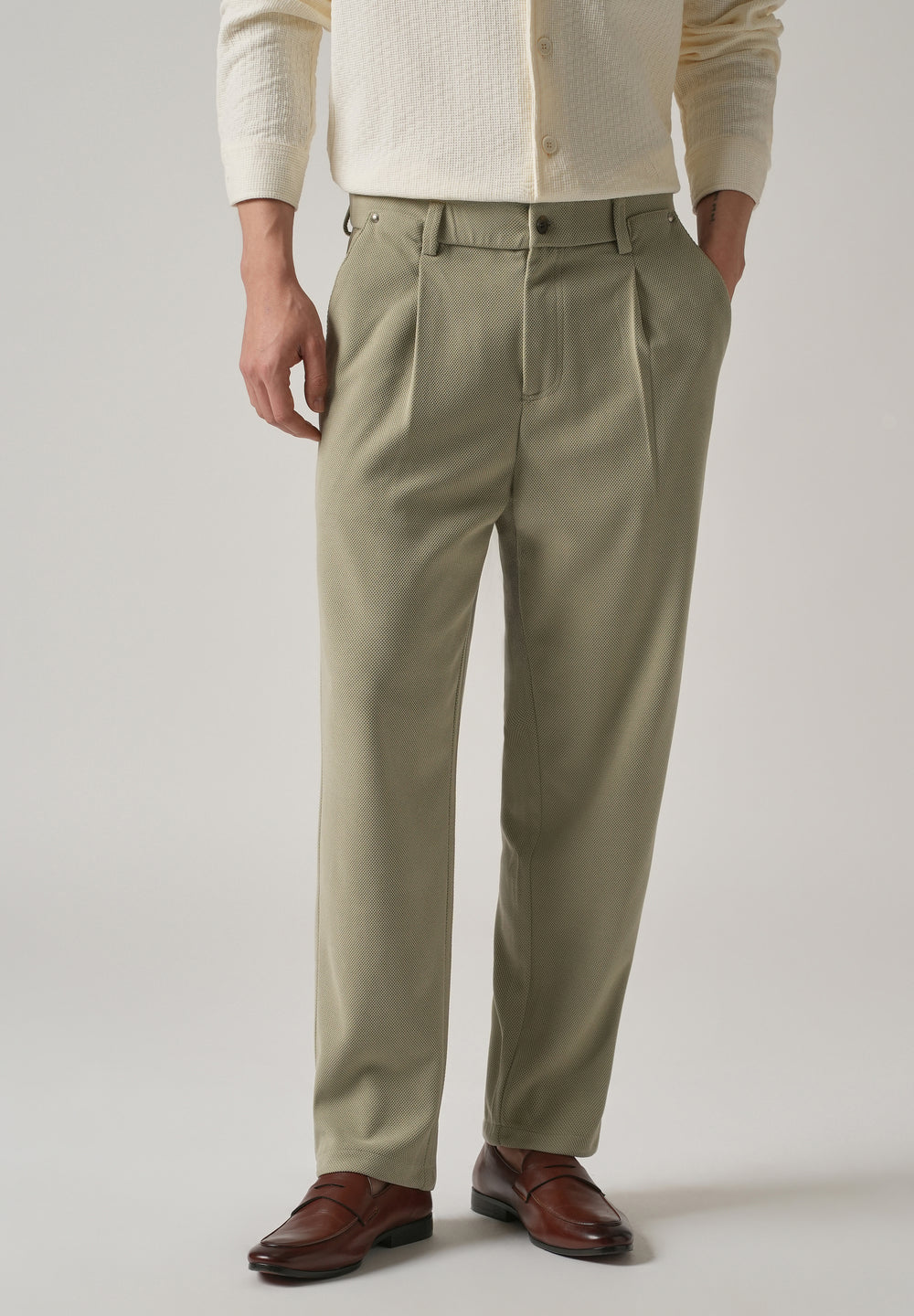 Light Green Textured Pleated Relaxed Fit Pant