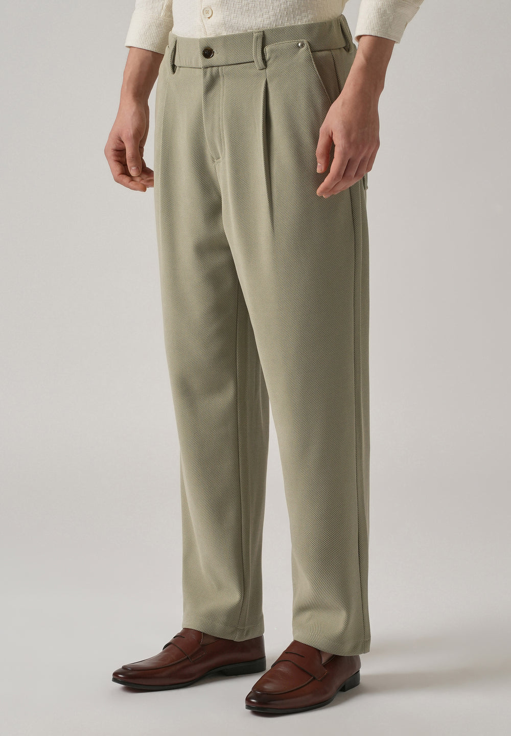 Light Green Textured Pleated Relaxed Fit Pant