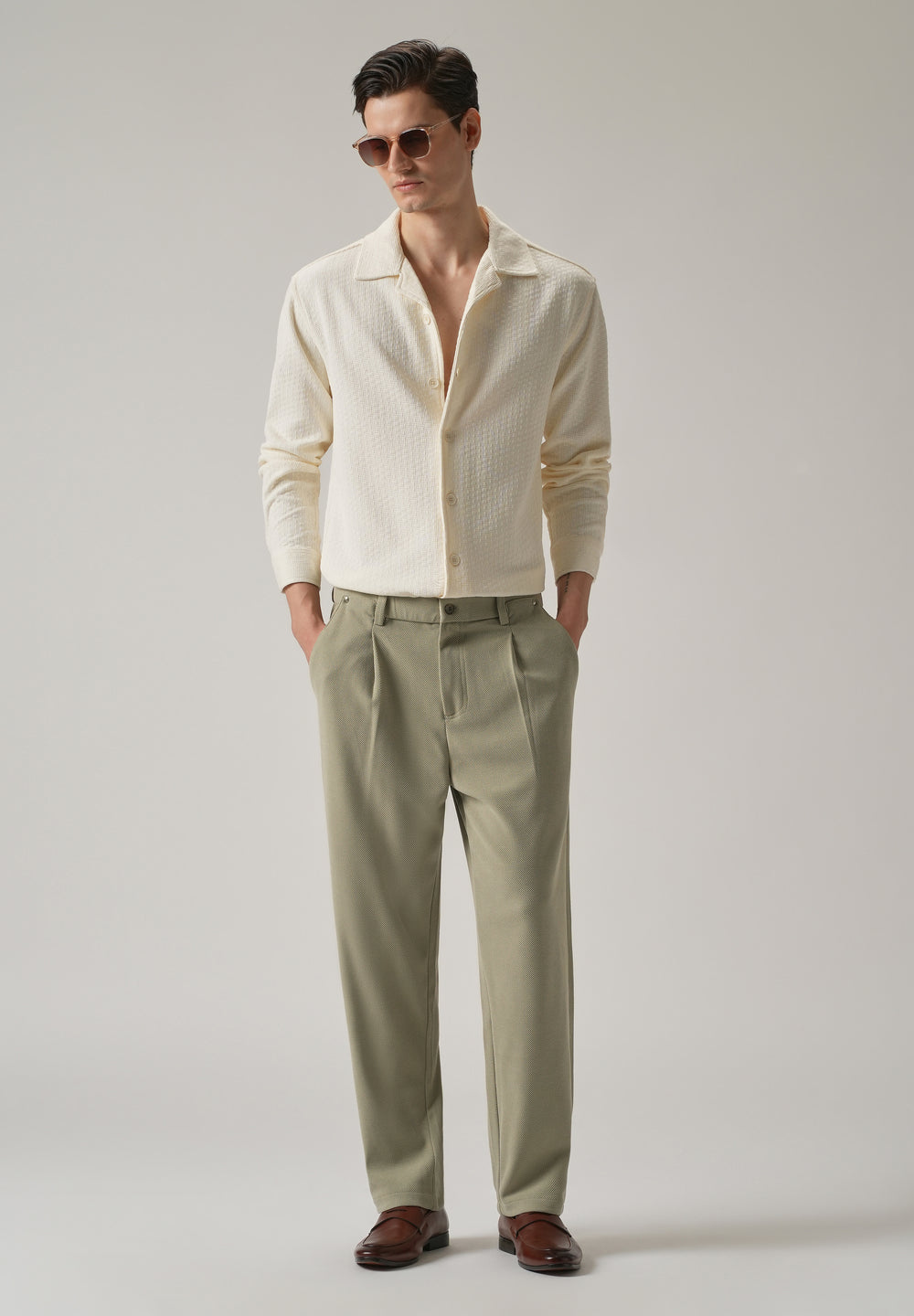 Light Green Textured Pleated Relaxed Fit Pant