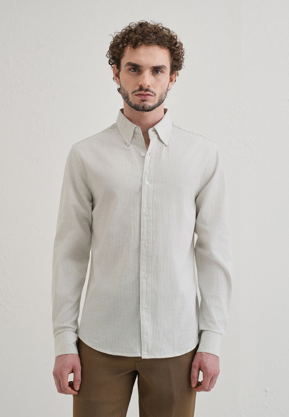 Light Green Striped Cotton Linen Shirt