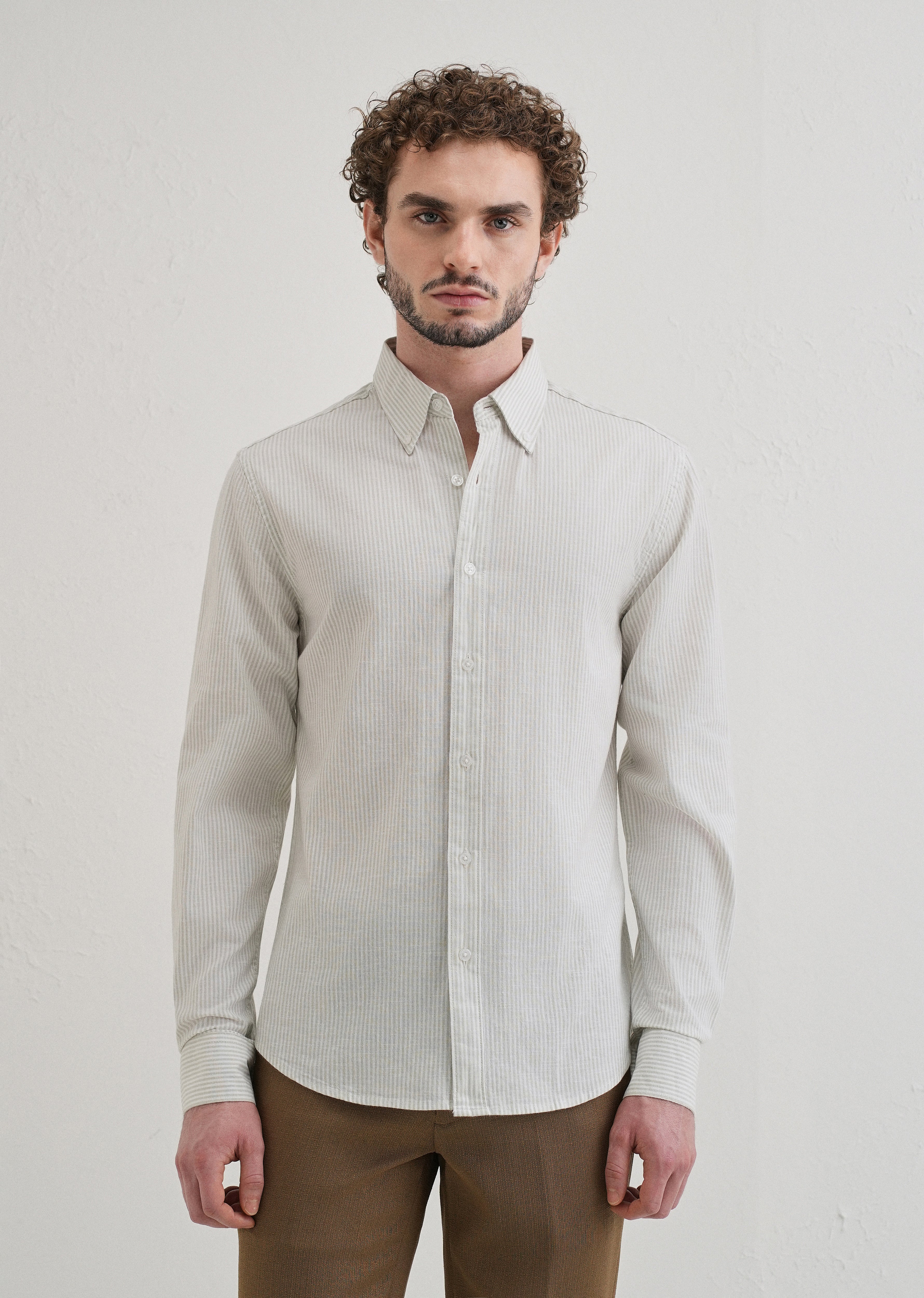 Light Green Striped Cotton Linen Shirt