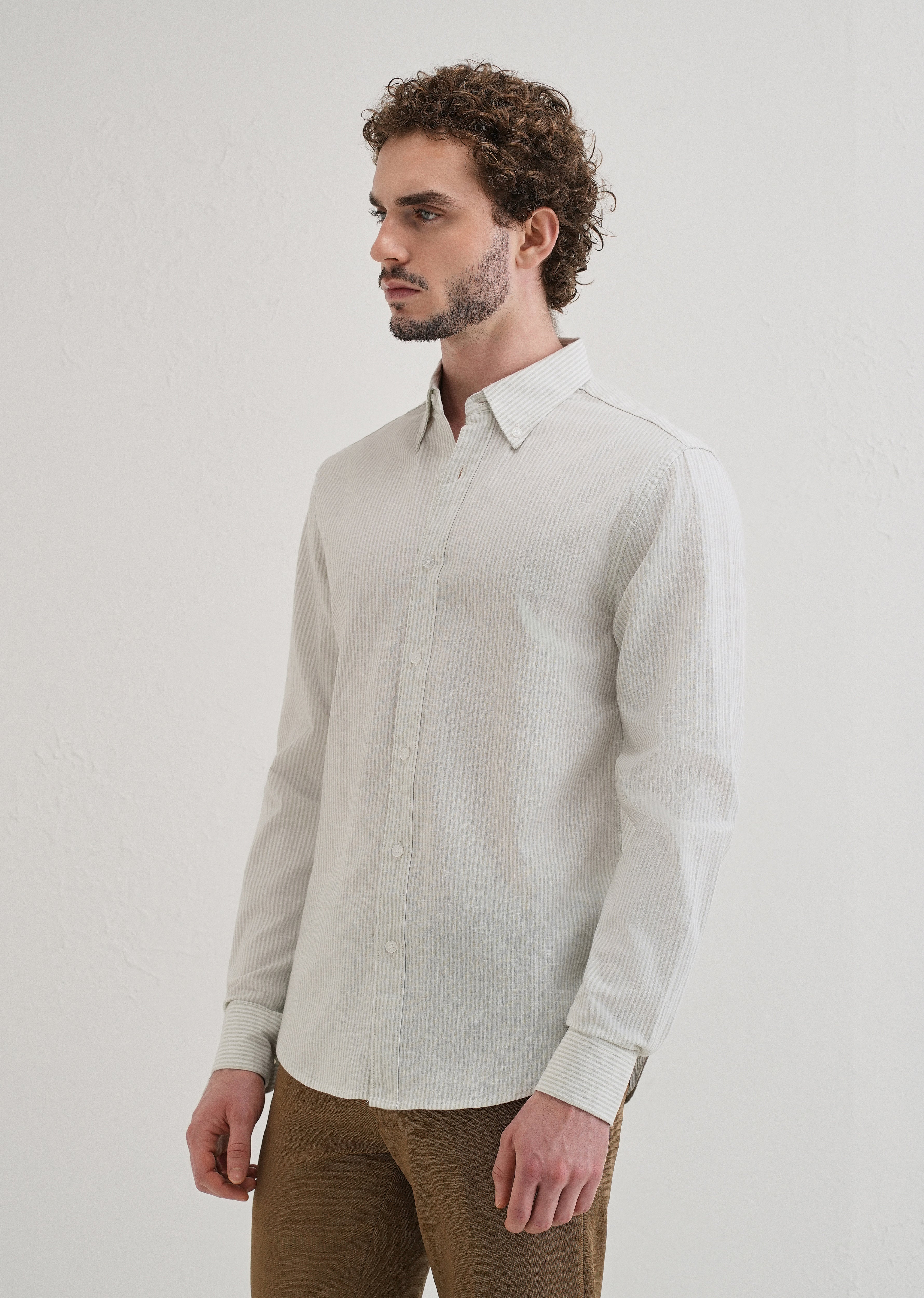 Light Green Striped Cotton Linen Shirt