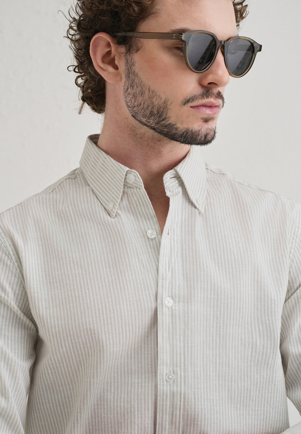 Light Green Striped Cotton Linen Shirt