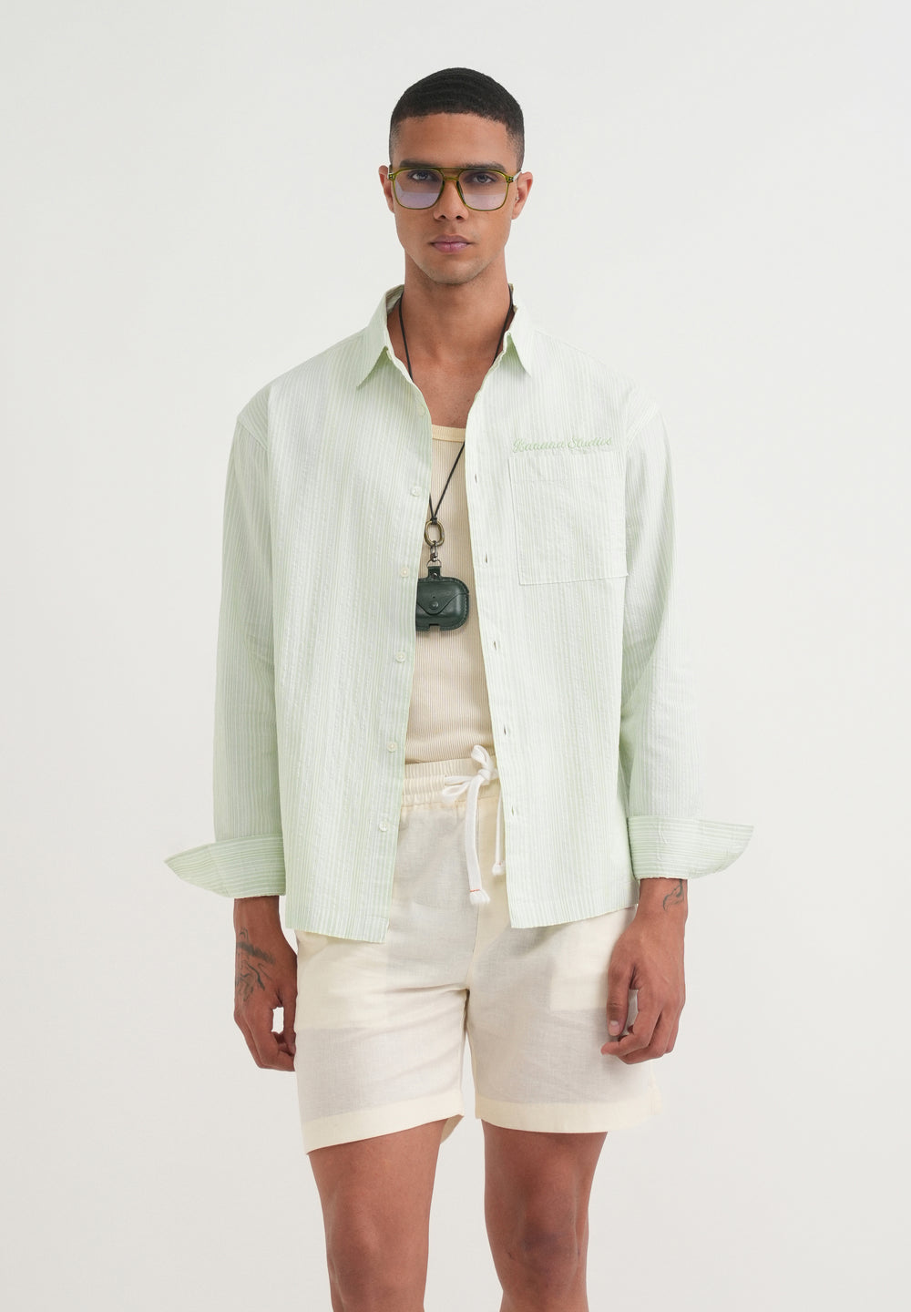 Light Green Textured Vertical Stripe Shirt