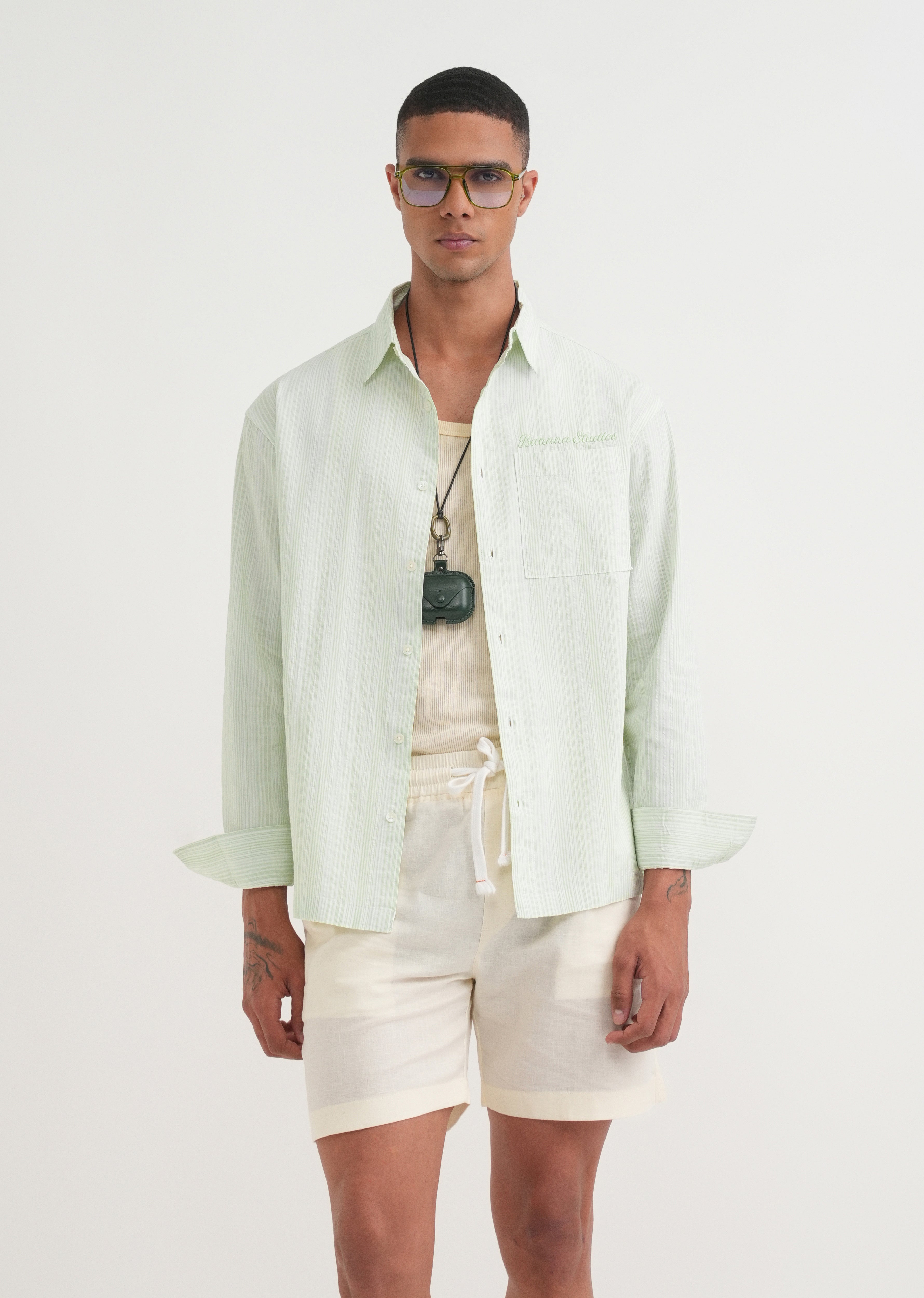 Light Green Textured Vertical Stripe Shirt
