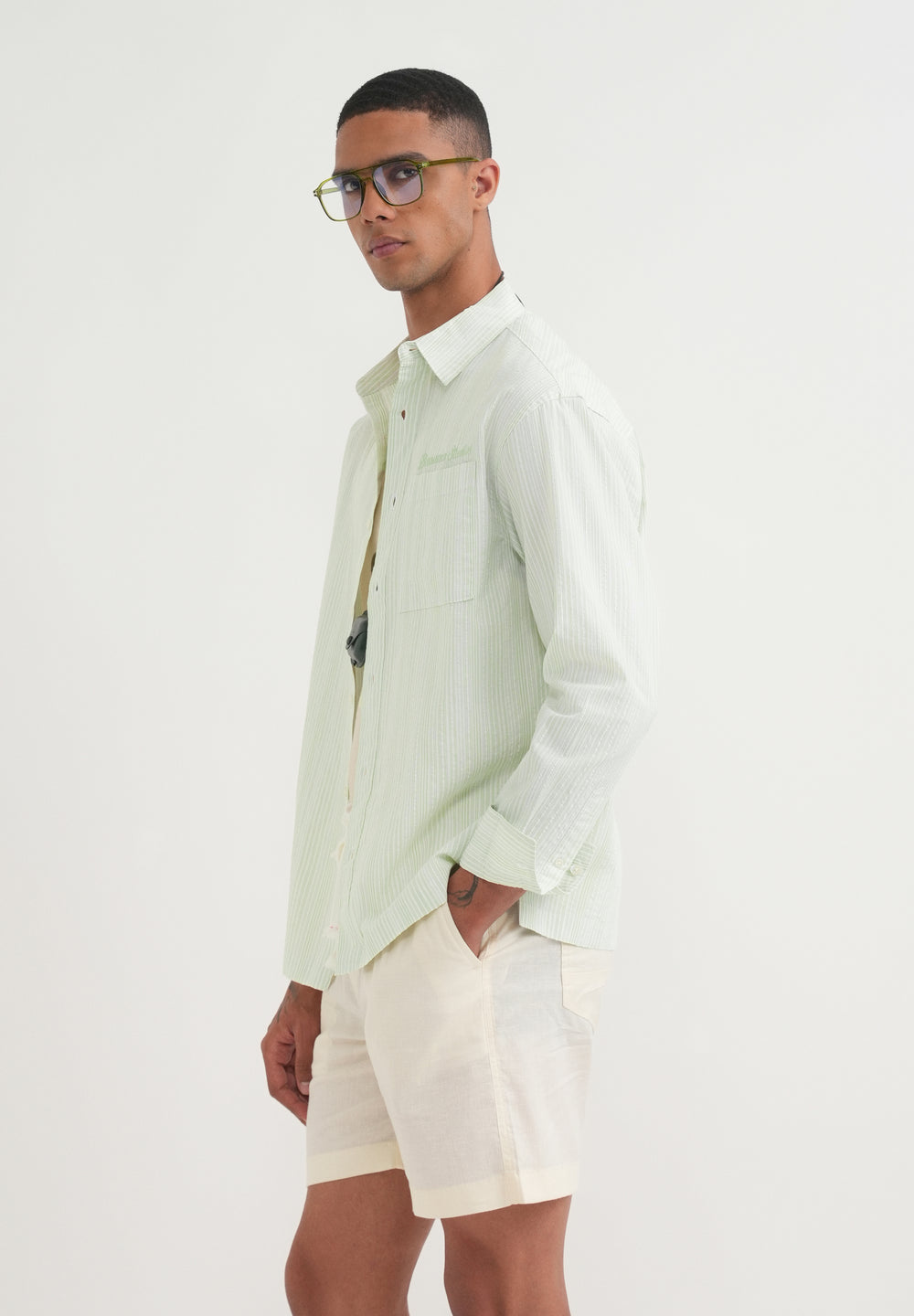 Light Green Textured Vertical Stripe Shirt