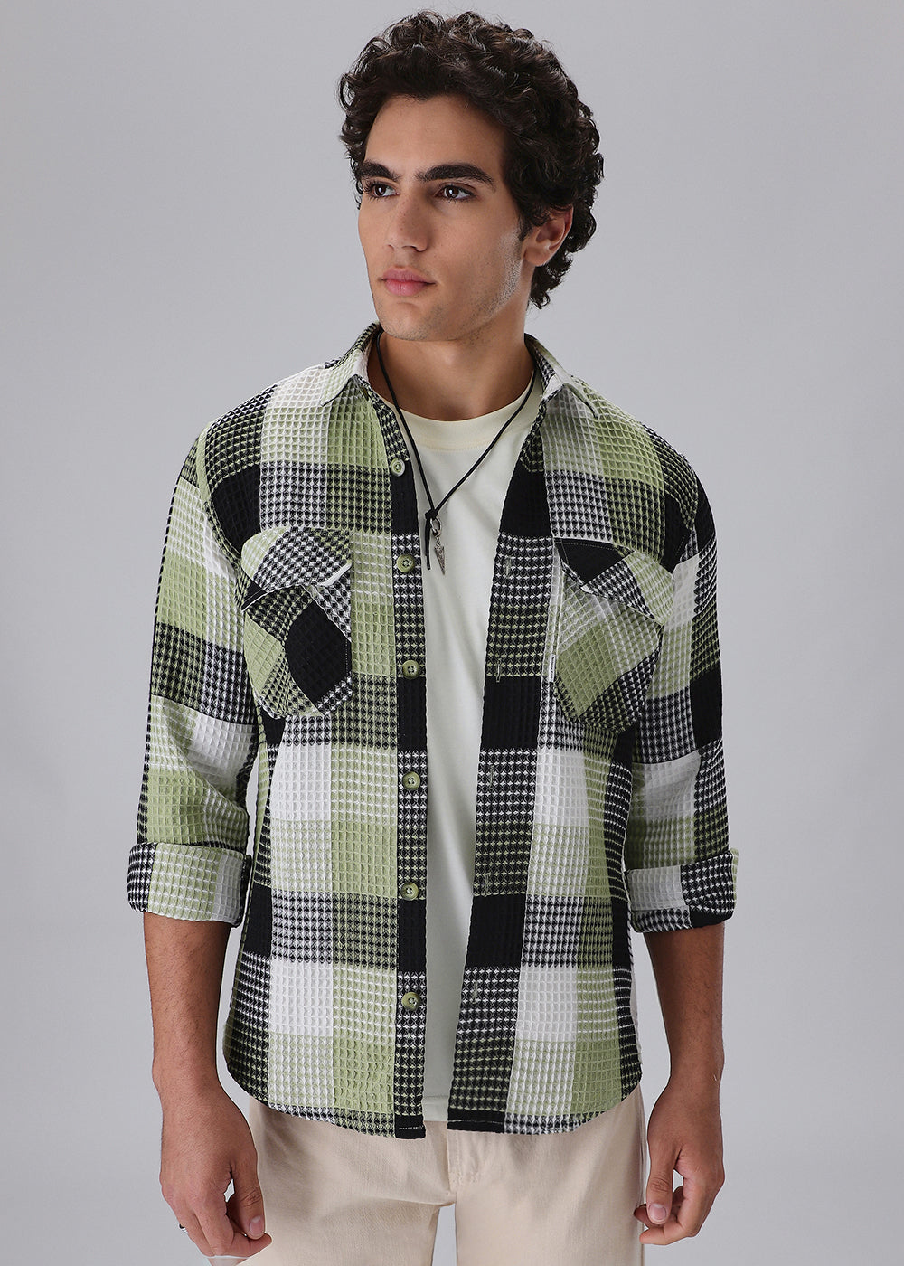 Light Green Waffle Plaid Check Shirt