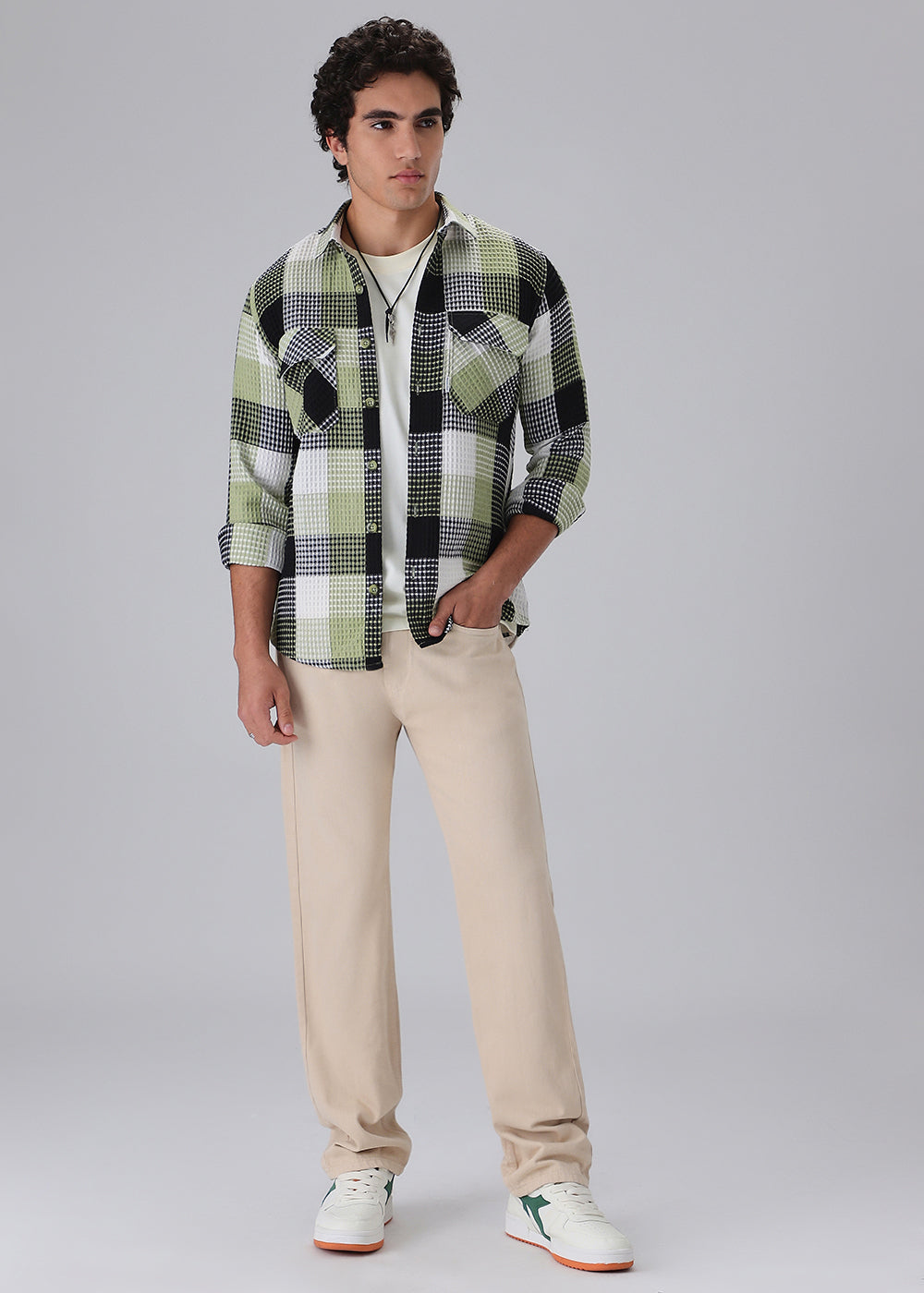 Light Green Waffle Plaid Check Shirt