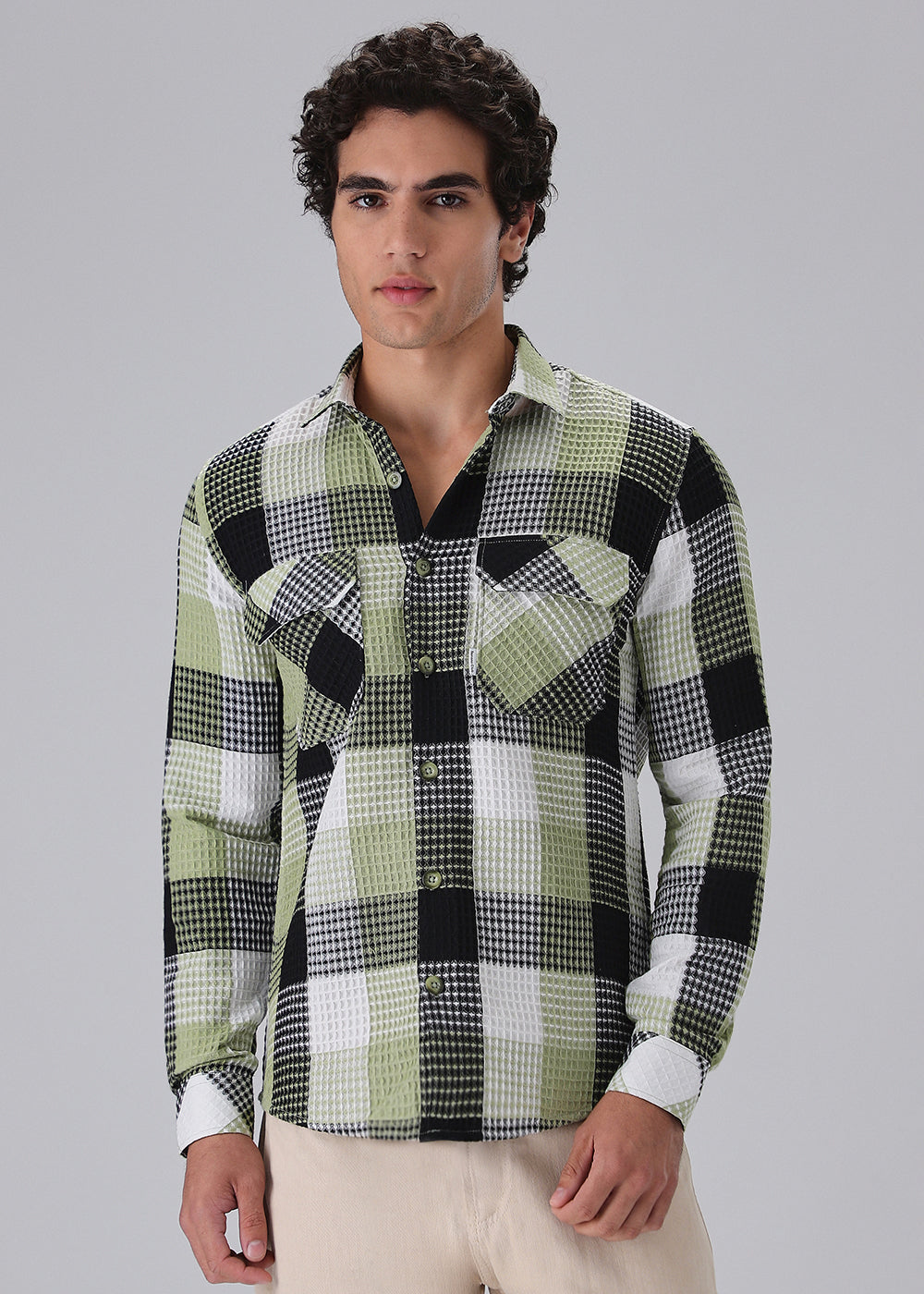 Light Green Waffle Plaid Check Shirt