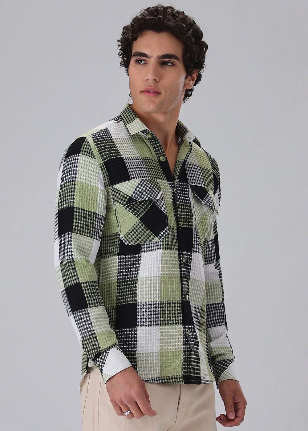 Light Green Waffle Plaid Check Shirt