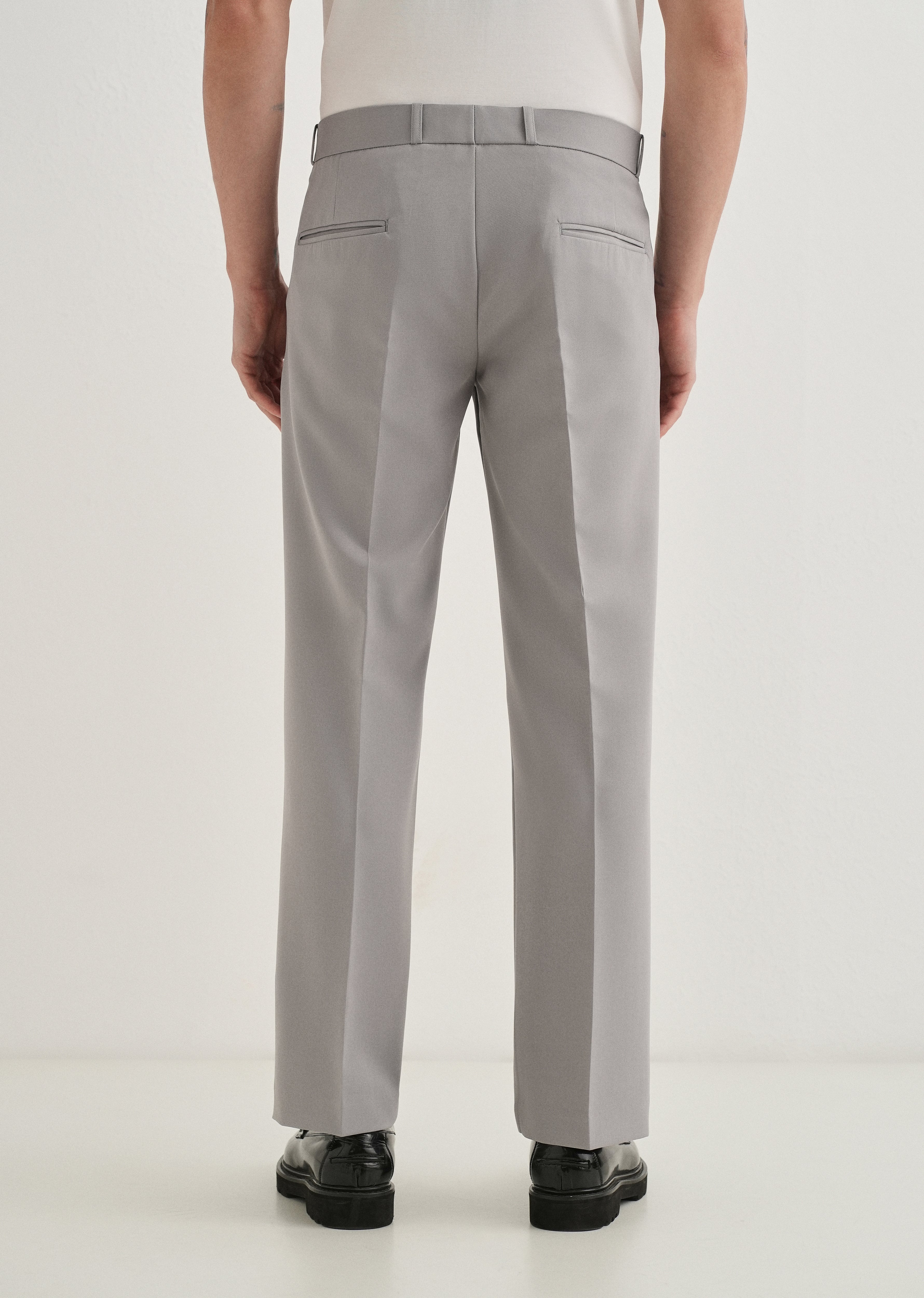 Light Grey Button-Tab Pleat Trouser