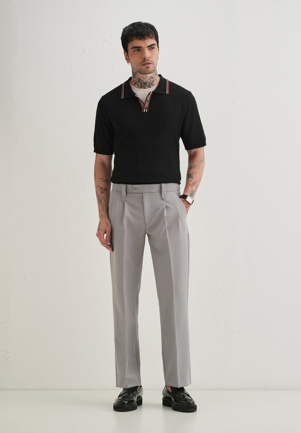 Light Grey Button-Tab Pleat Trouser