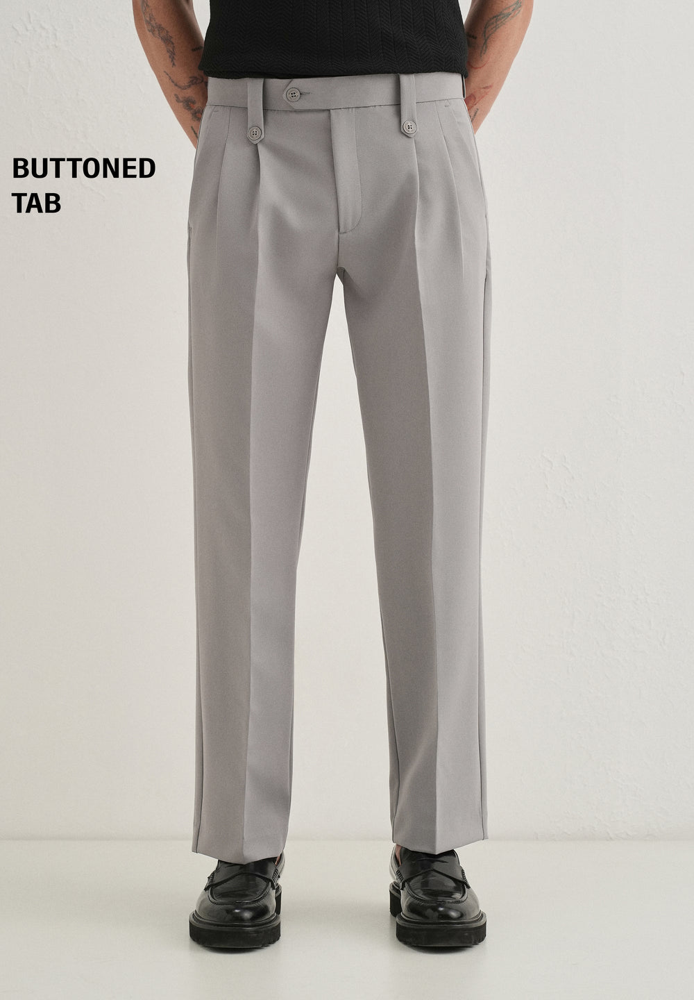 Light Grey Button-Tab Pleat Trouser