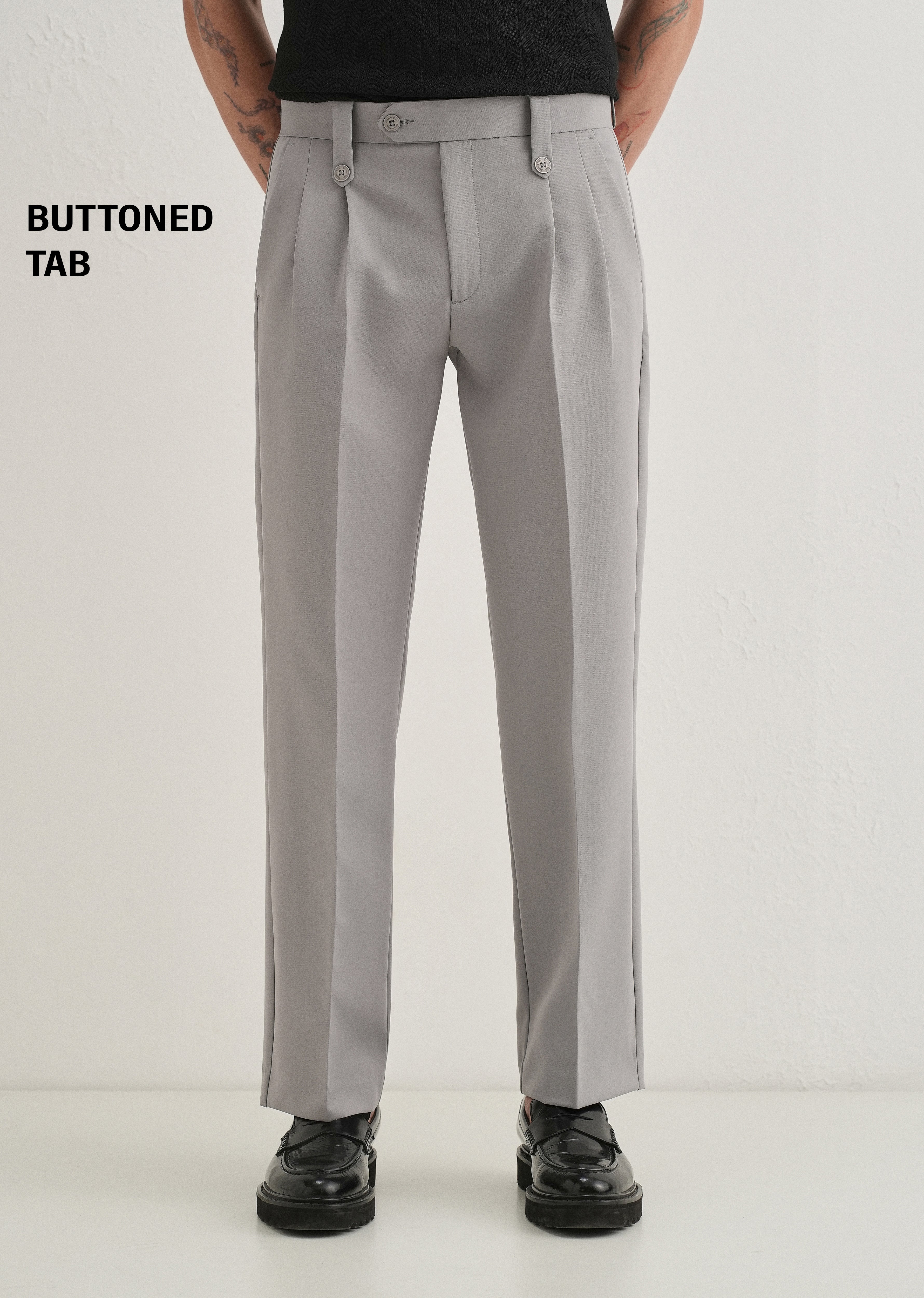 Light Grey Button-Tab Pleat Trouser