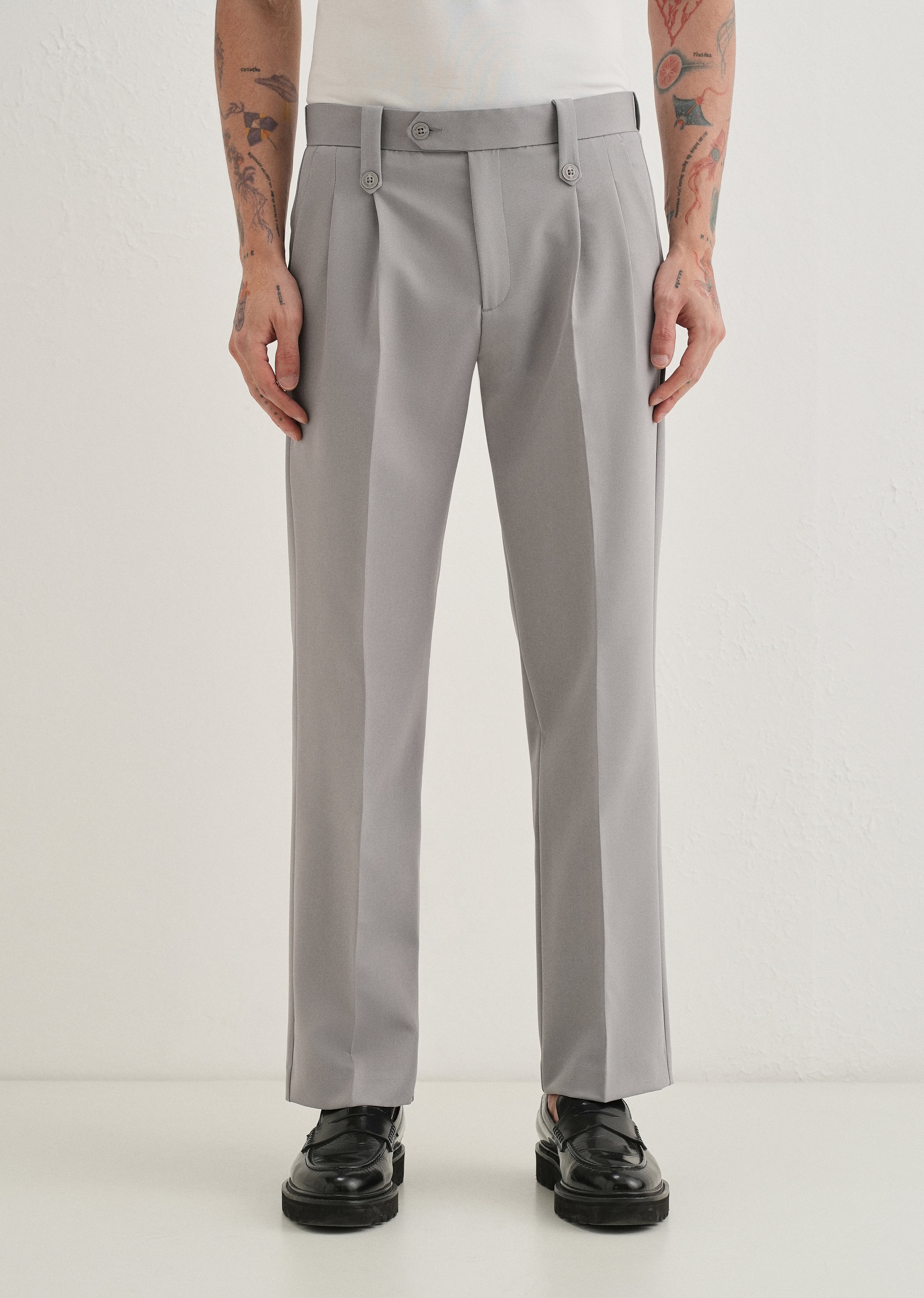 Light Grey Button-Tab Pleat Trouser