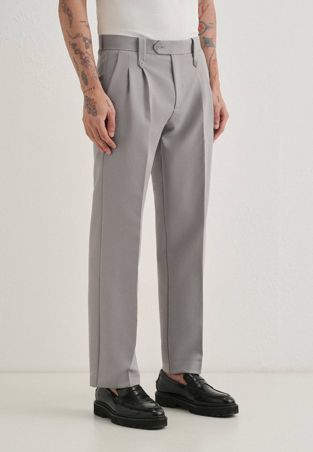 Light Grey Button-Tab Pleat Trouser