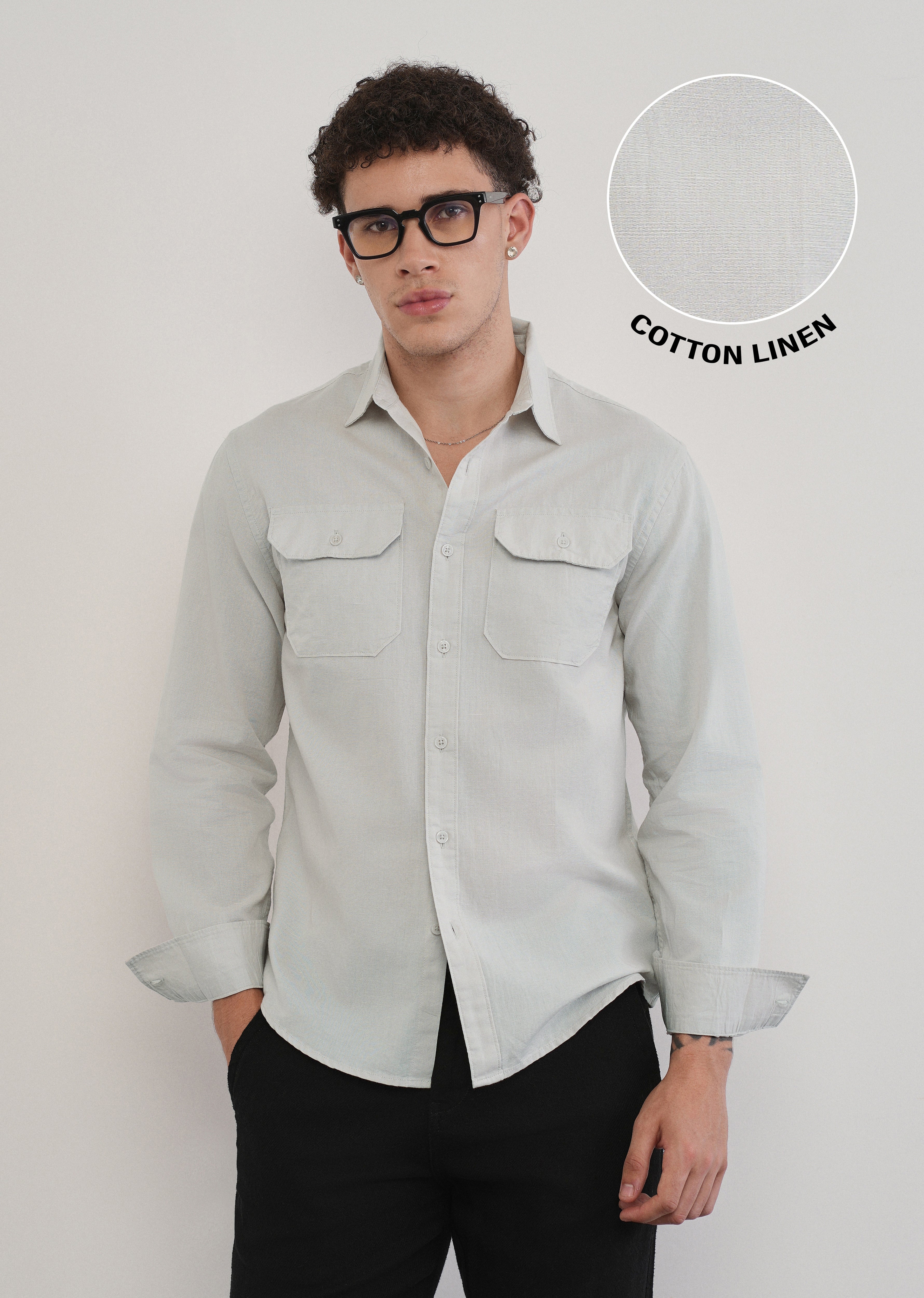 Light Grey Cotton Linen Flap Pocket Shirt