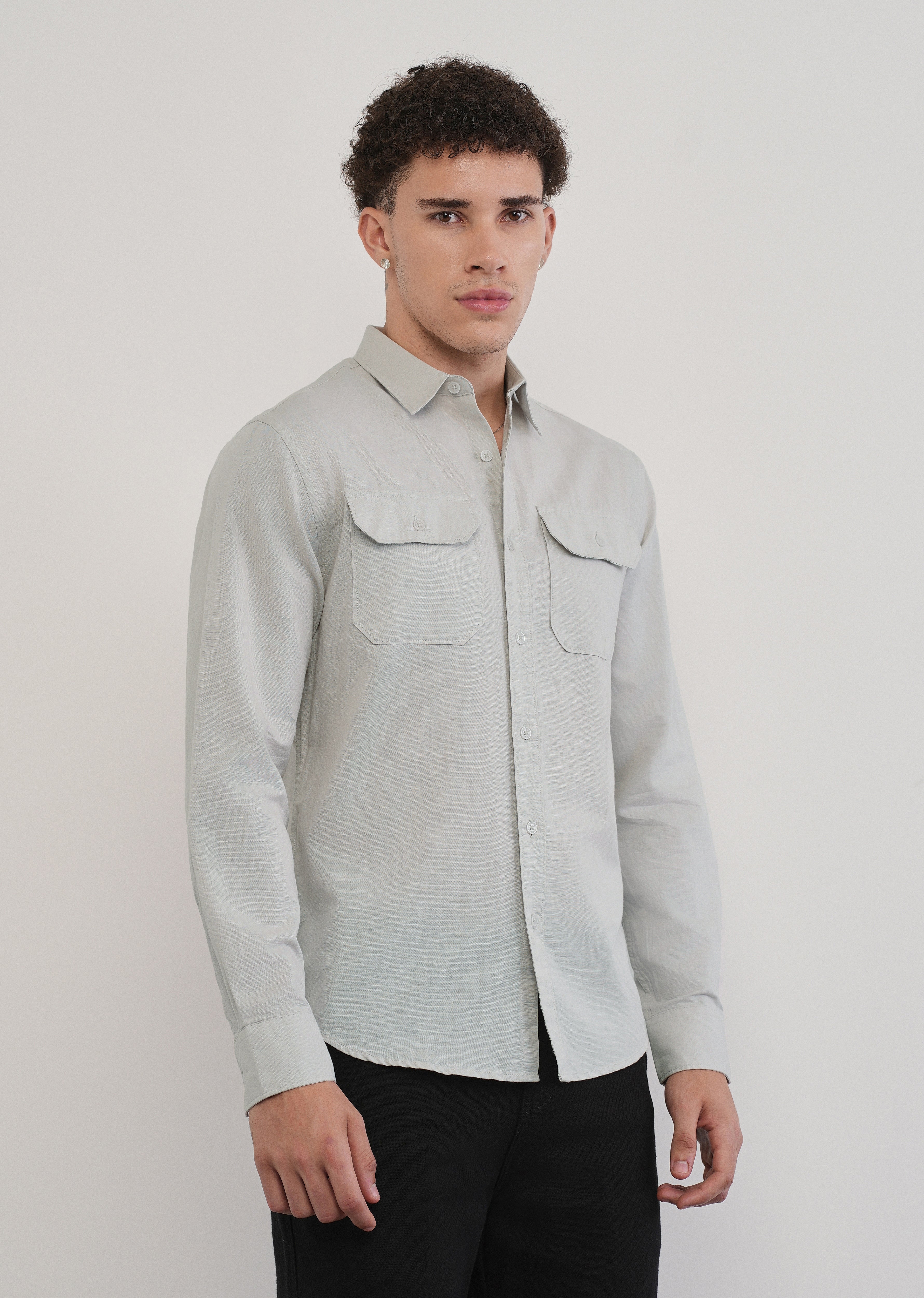 Light Grey Cotton Linen Flap Pocket Shirt