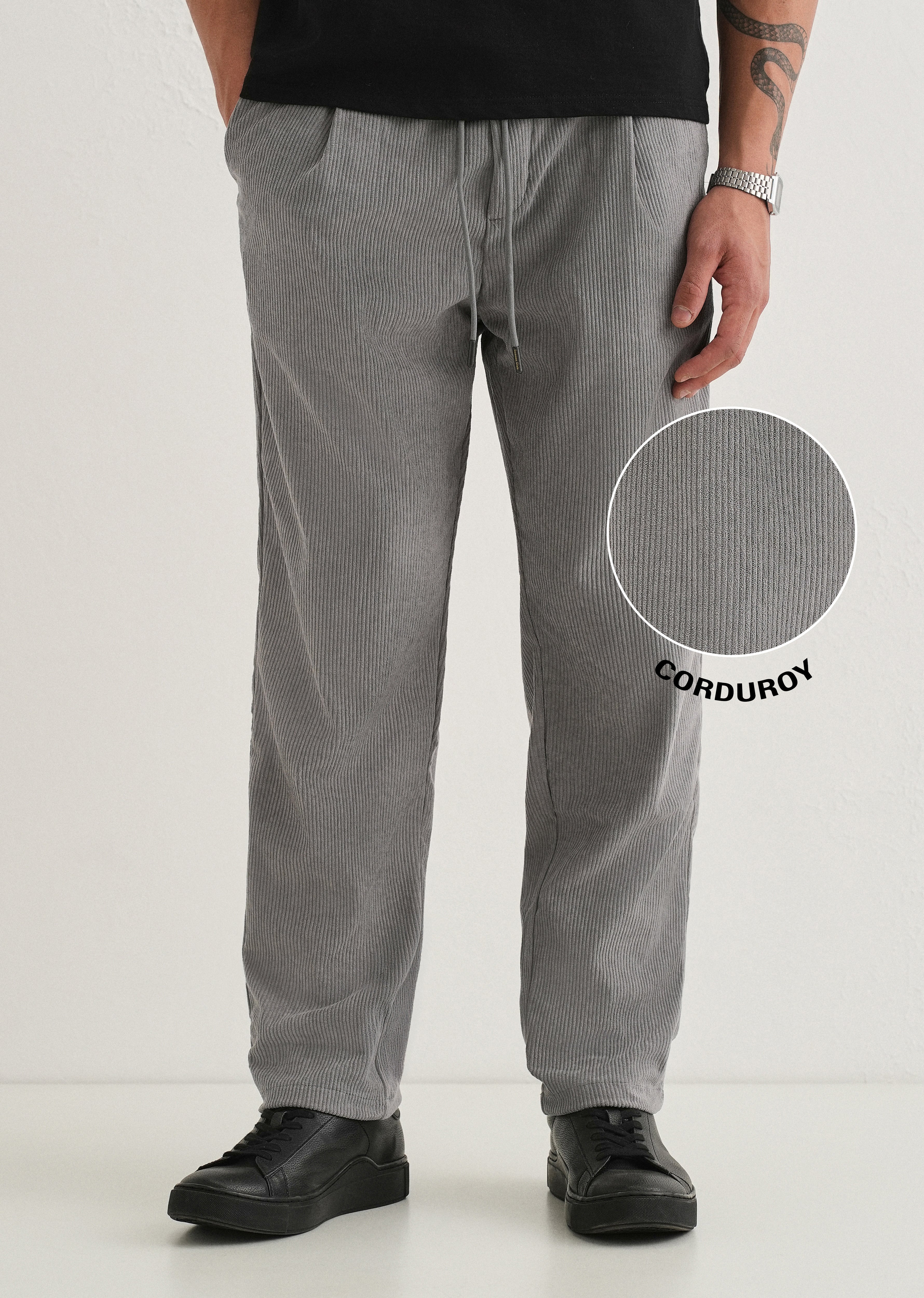 Light Grey Drawstring Corduroy Pant