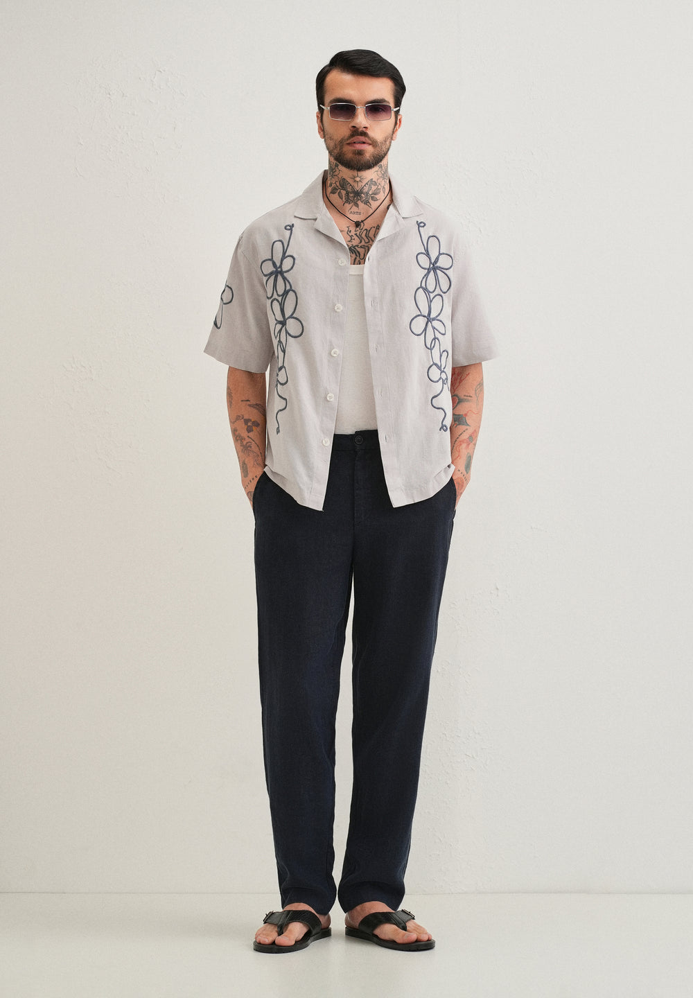 Light Grey Floral Embroidery Cuban Collar Shirt