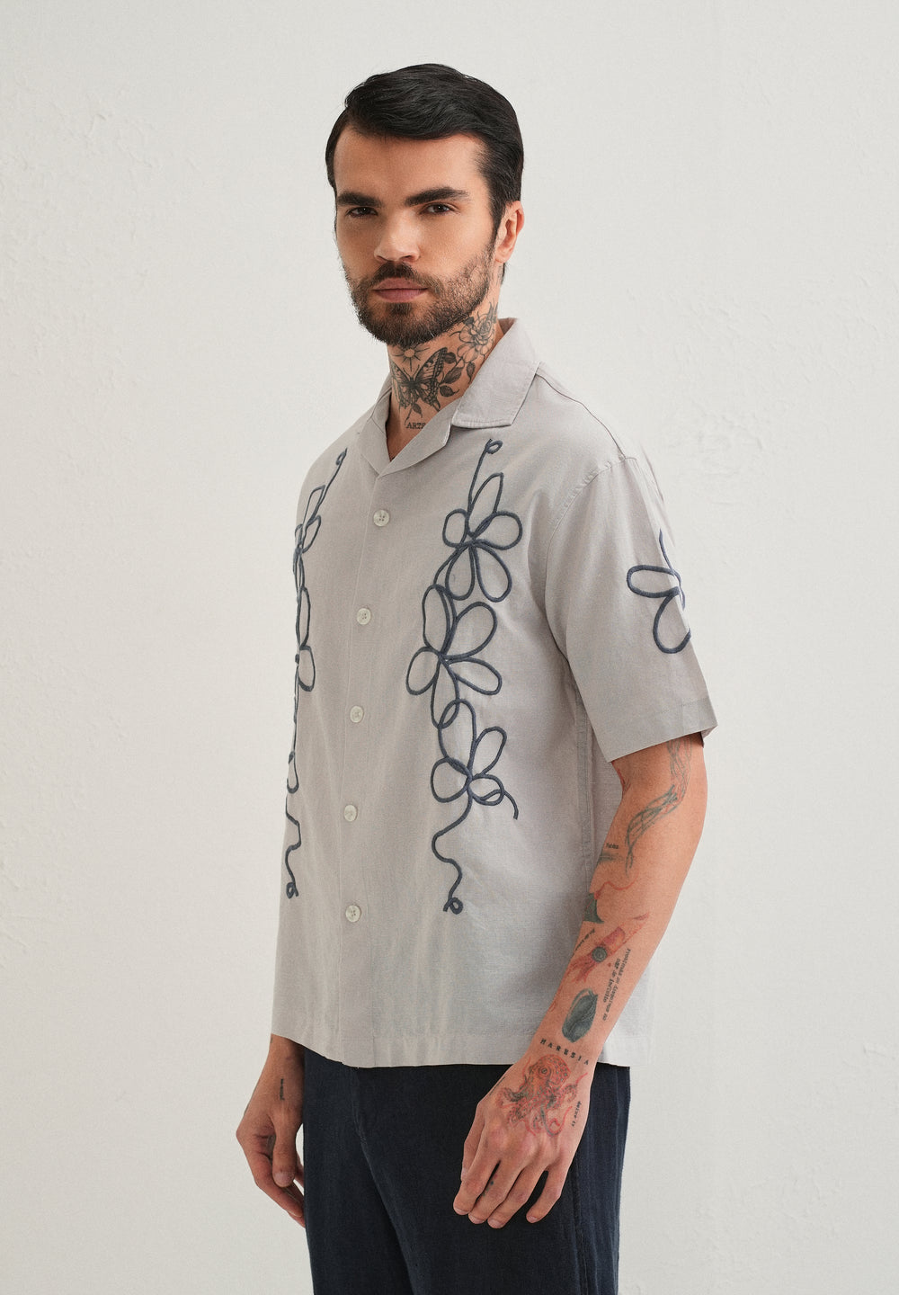 Light Grey Floral Embroidery Cuban Collar Shirt
