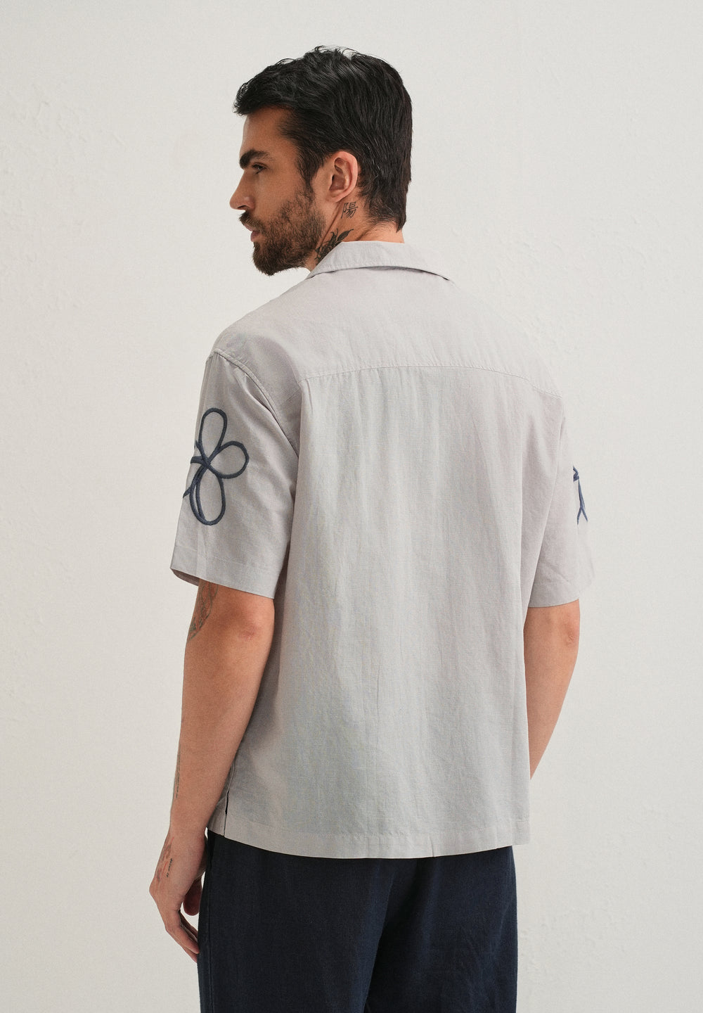 Light Grey Floral Embroidery Cuban Collar Shirt