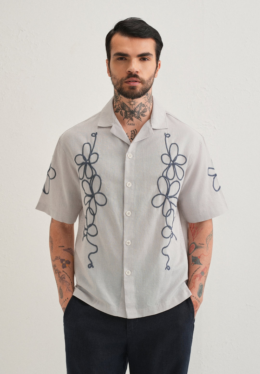 Light Grey Floral Embroidery Cuban Collar Shirt